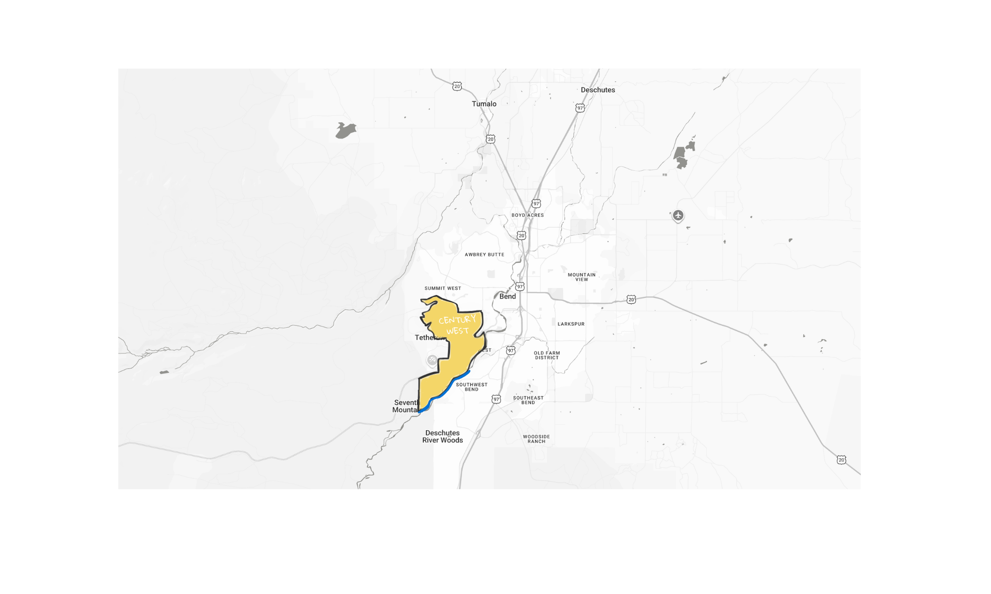 Map of Bend, Oregon area highlighting the Century West section in yellow along the Deschutes River.