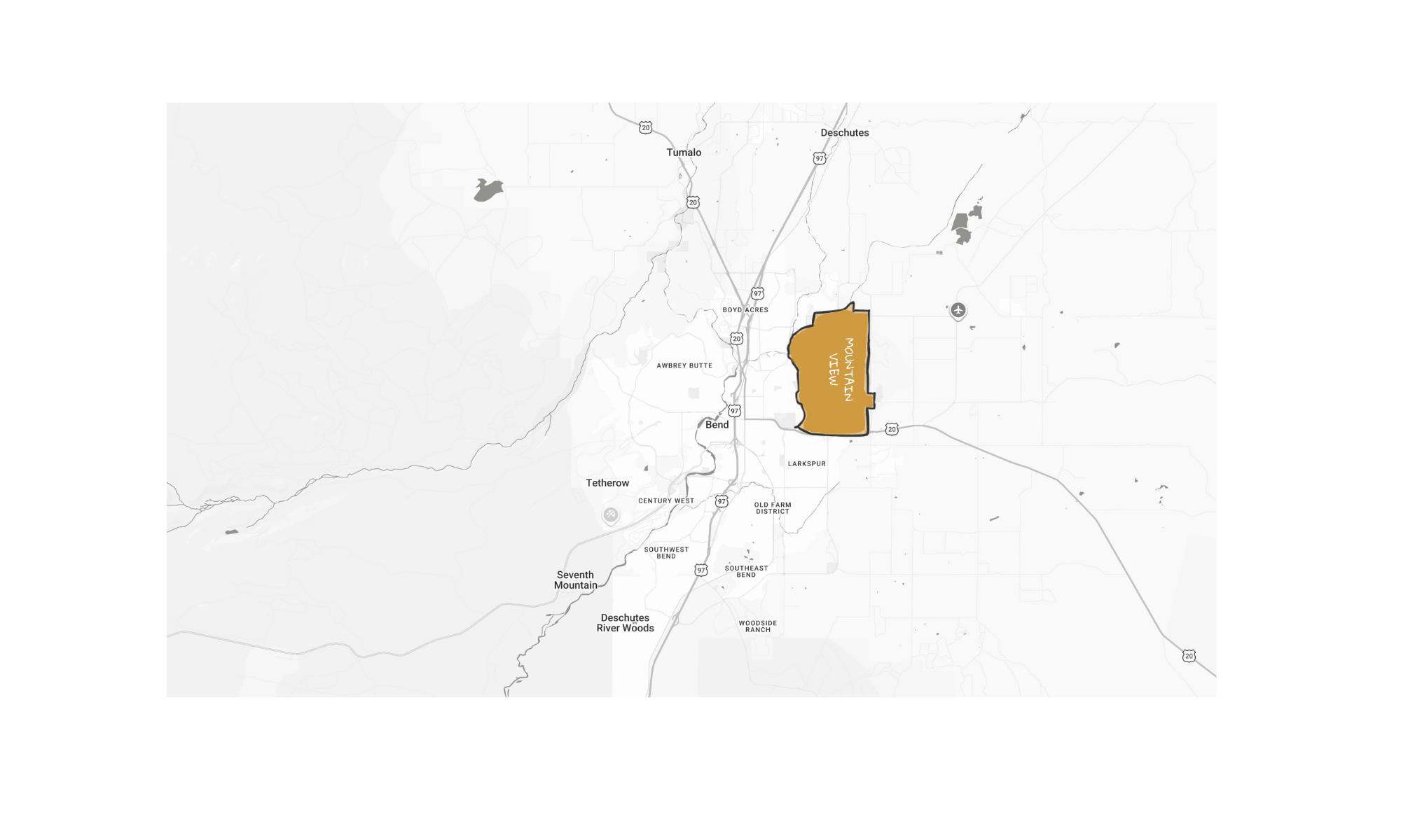 Map showing a highlighted area labeled Mountain View near Boyd Acres in Bend, Oregon.