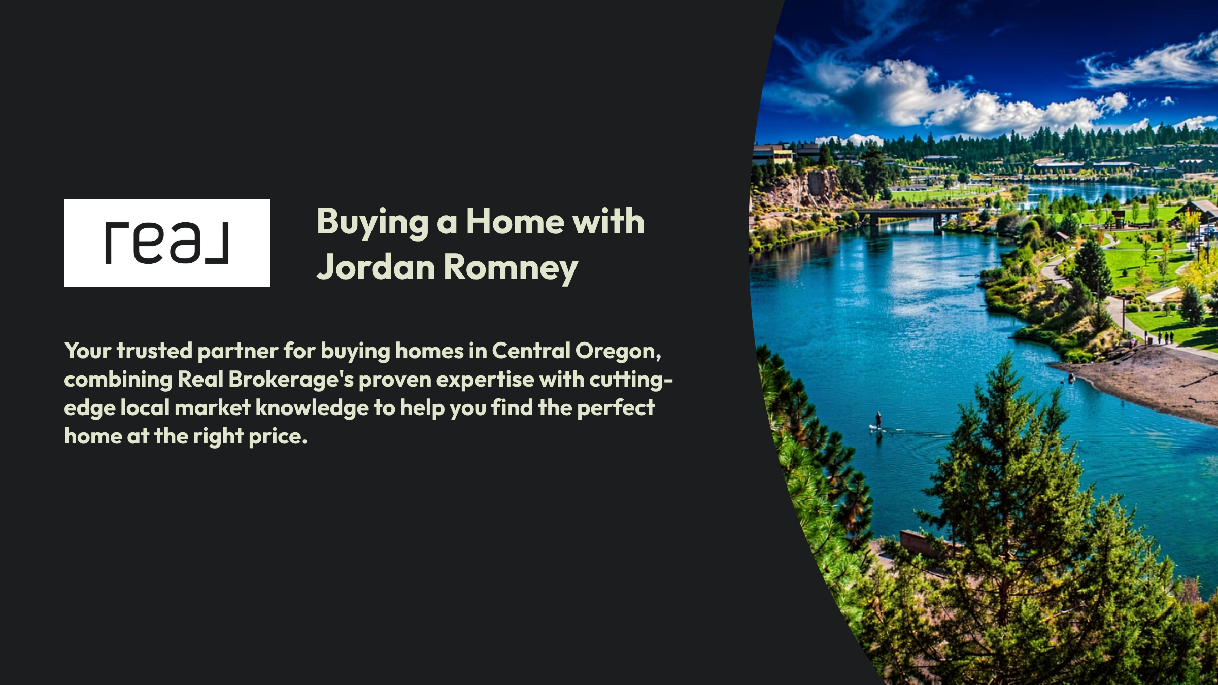 Promotional graphic for buying a home with Jordan Romney, featuring a scenic view of a river, green trees, and a cityscape under a partly cloudy sky.