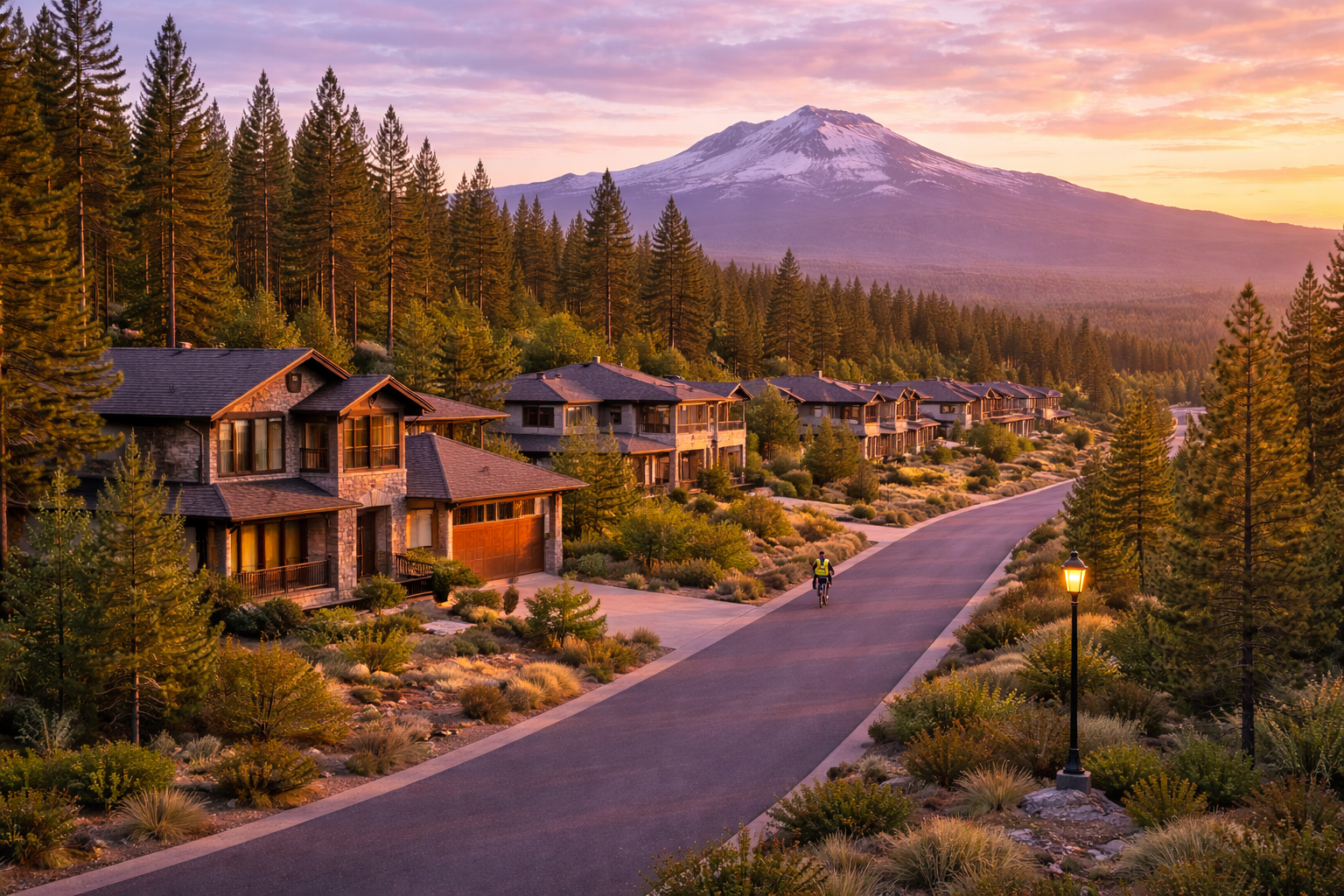 Residential neighborhood with modern houses, surrounded by pine trees, with a mountain covered in snow in the background during sunset.
