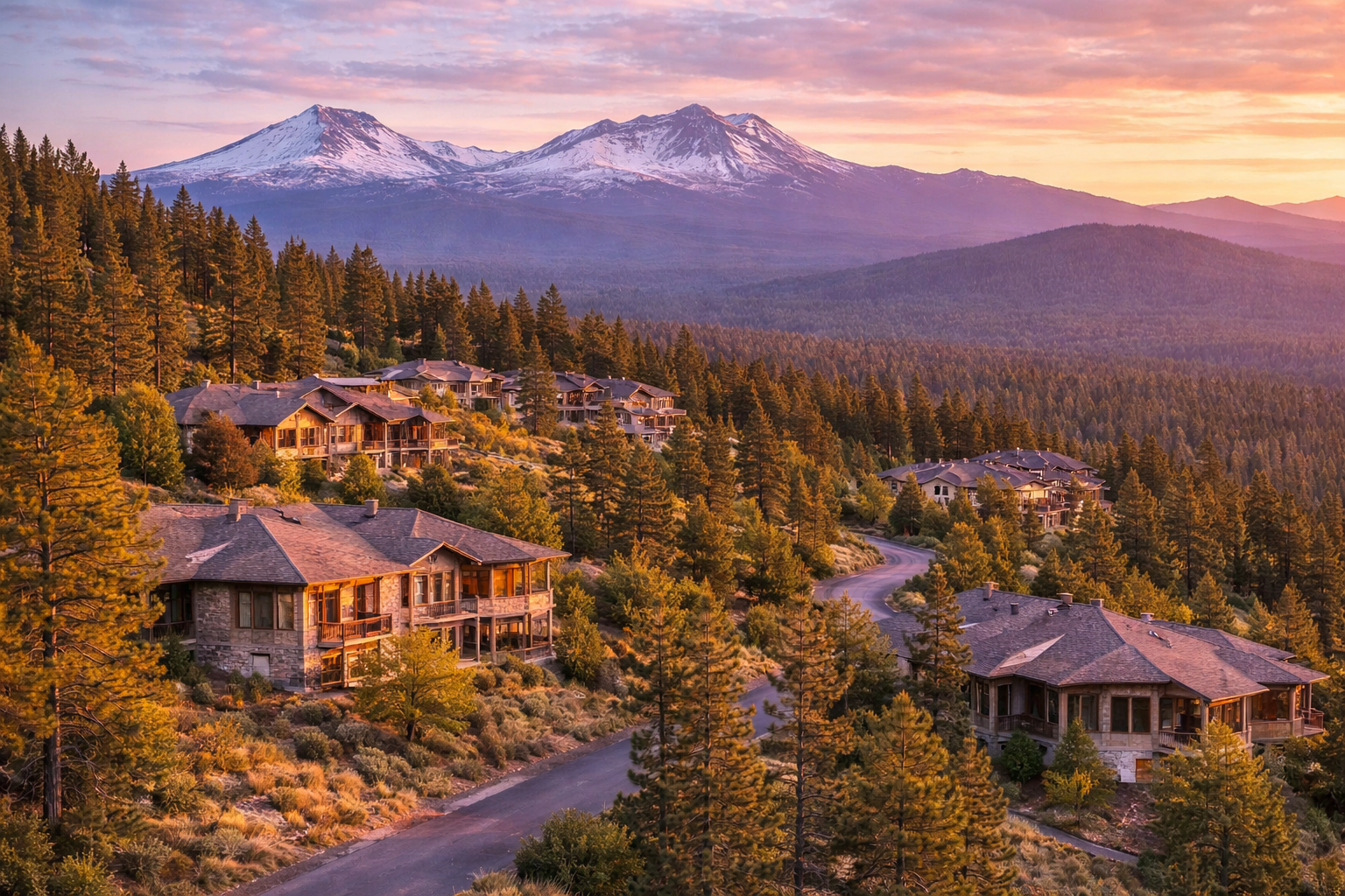 Residential houses on a hillside surrounded by pine trees, with a mountain range in the background and a sunset sky.