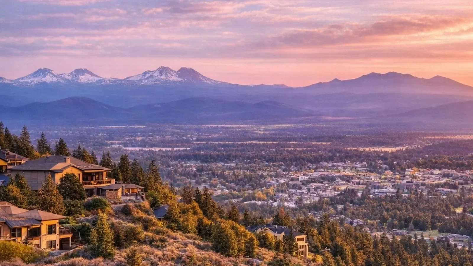 A scenic view of a mountain range with snow-capped peaks during sunset, overlooking a suburban area with houses and trees on a hillside.