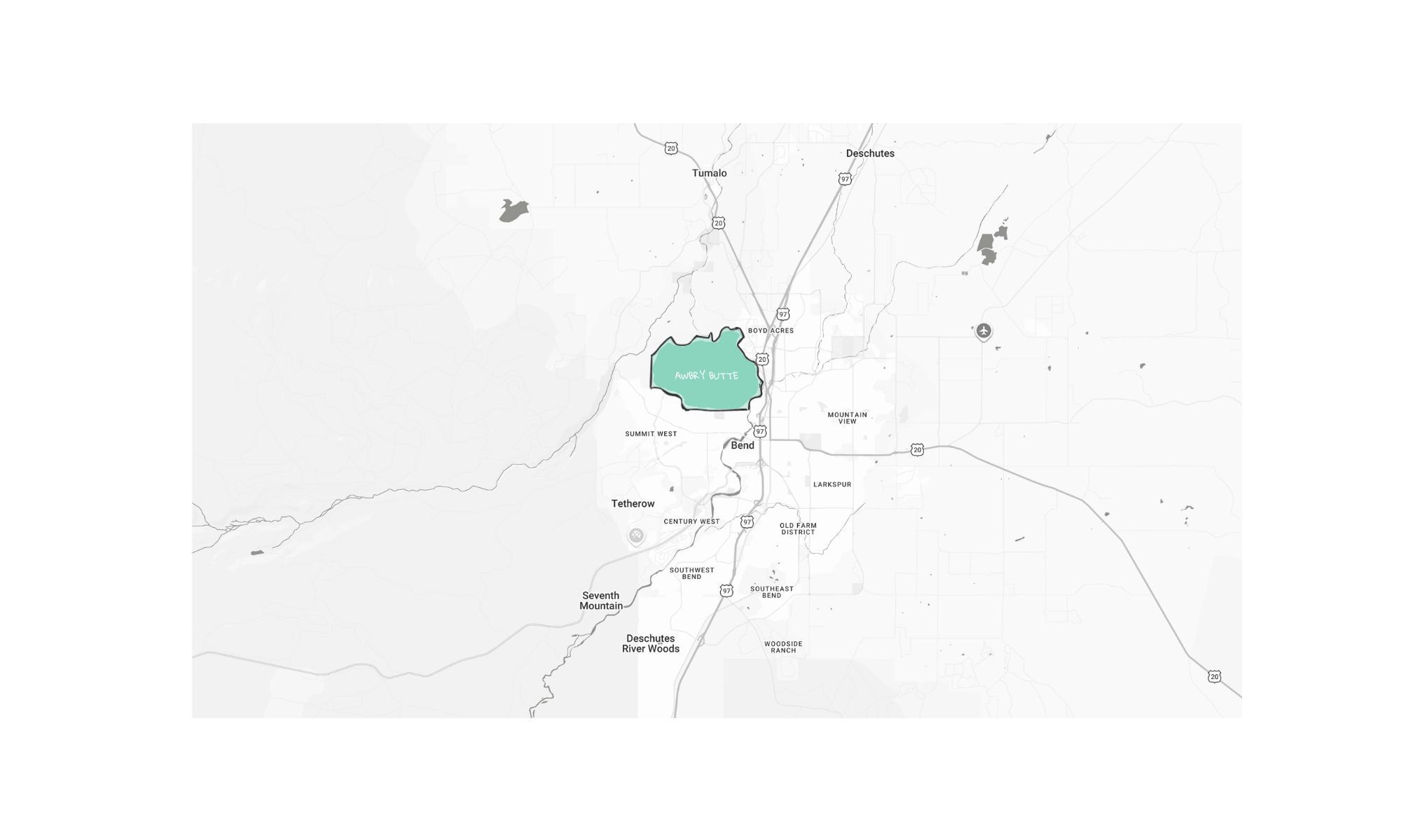 Map showing the location of Awbrey Butte in Bend, Oregon, with nearby neighborhoods and landmarks.
