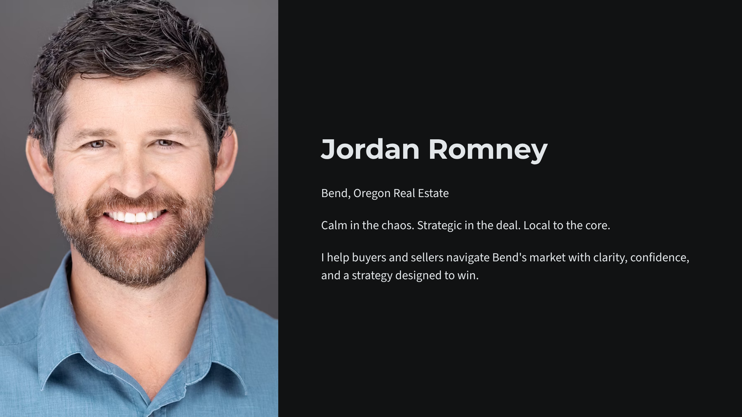 Professional headshot of Jordan Romney, a man with dark hair, a beard, and a friendly smile, wearing a blue shirt against a gray background, with a text block to the right listing his name, location, profession, and a brief bio.