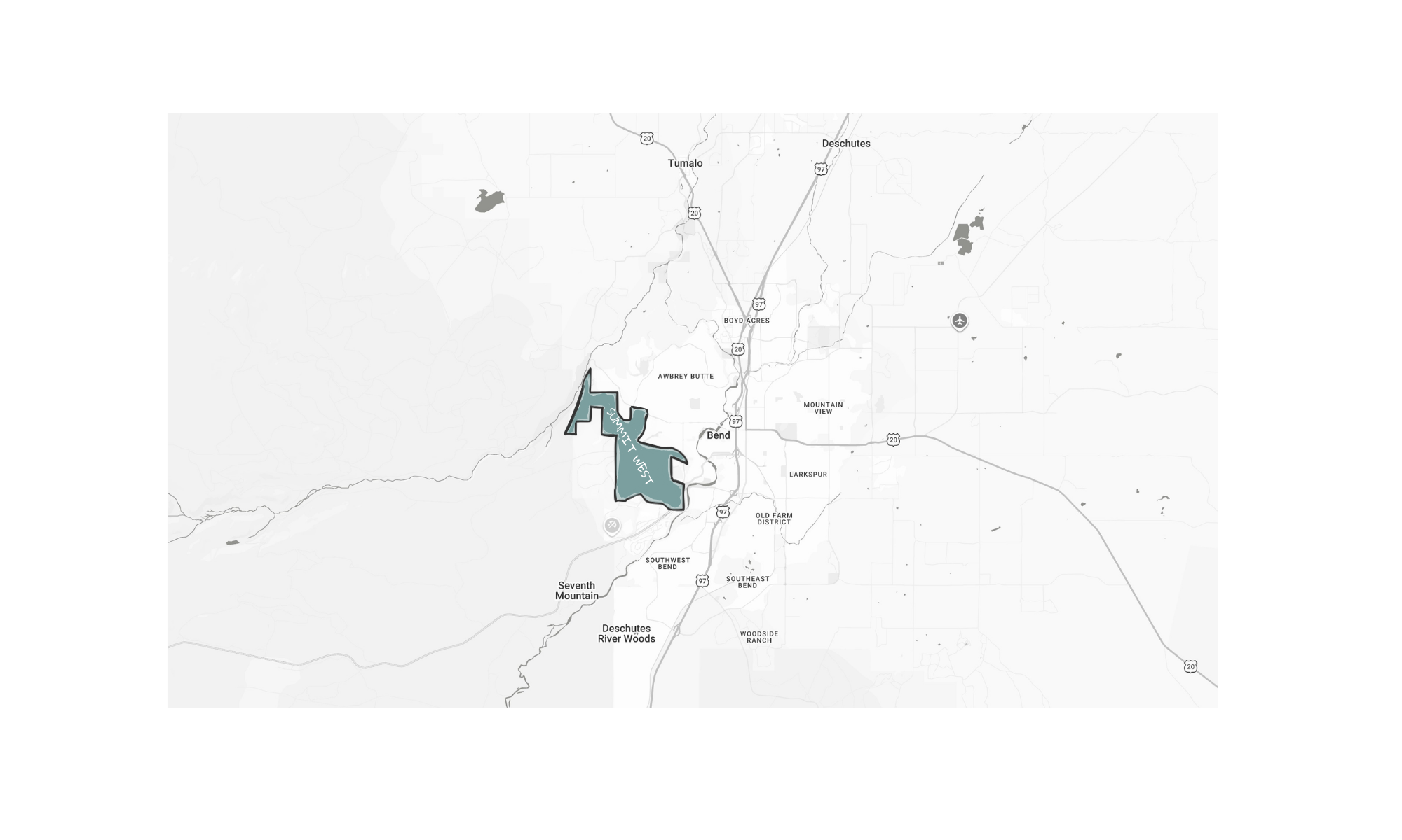Map of Bend, Oregon area showing the Deschutes River, with the Deschutes River Woods neighborhood highlighted in blue.