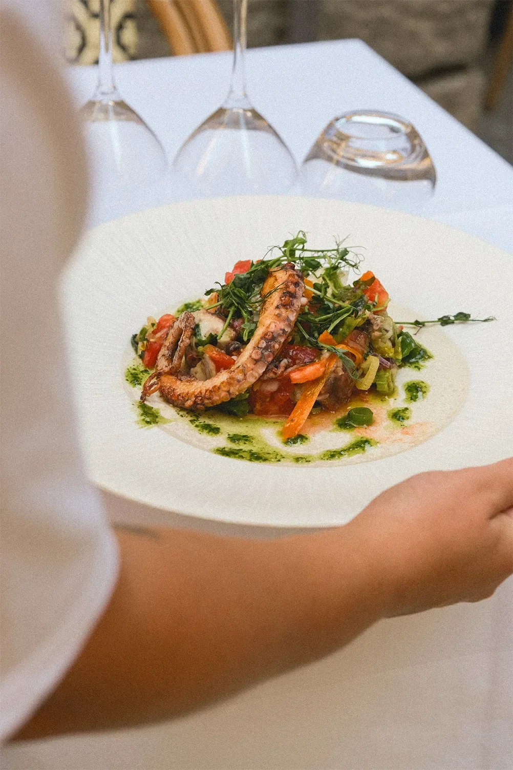 Assiette de fruits de mer avec pieuvre, légumes et sauce verte, présentée sur une assiette blanche.