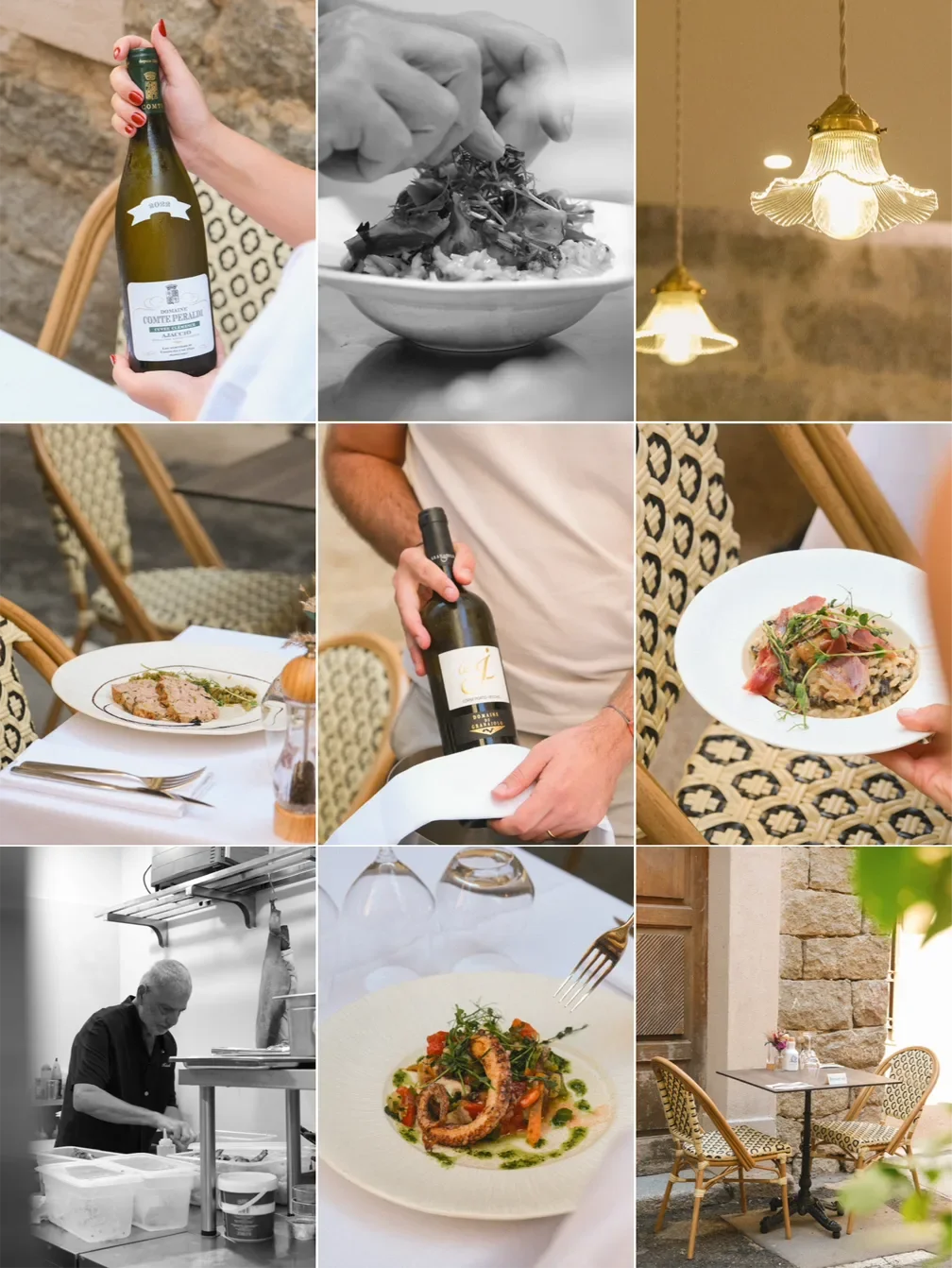 Collage de neuf images montrant une bouteille de vin, une main préparant une salade, des lampes suspendues, un plat de viande avec sauce, un serveur apportant une bouteille de vin, un plat de pâtes avec de la garniture, un chef cuisinant en cuisine, 