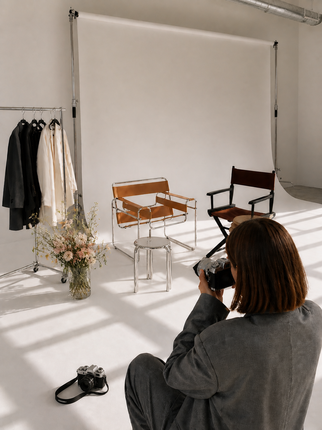 Un studio photo avec un fond blanc, deux sièges, un portant avec des vêtements, et une personne en costume prenant une photo, avec un vase de fleurs sur le sol.