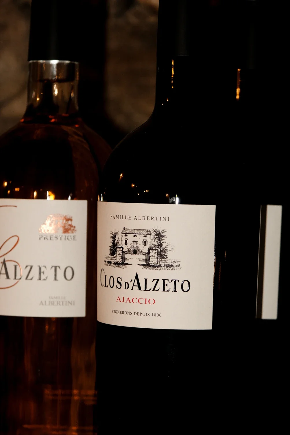 Deux bouteilles de vin, une rouge et une rosée, sur un fond sombre.