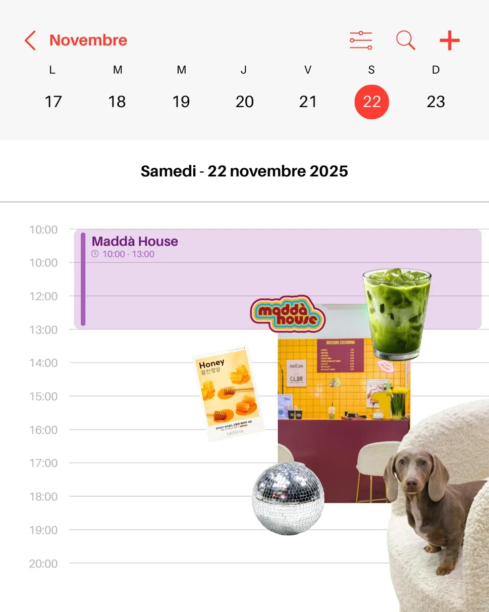 Un calendrier du 22 novembre 2025 avec une programmation d'activités, comprenant une session au Maddà House, un verre de matcha glacé, une publicité pour du miel, un décor de disco, un chien posé sur un canapé blanc, et une affiche de bar.