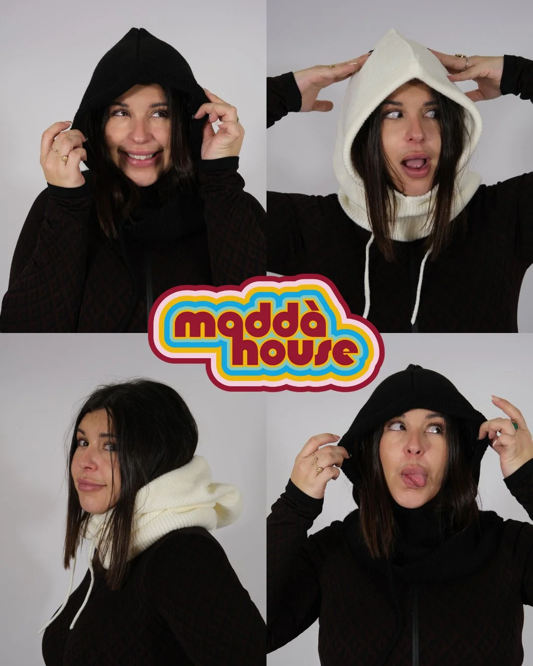 Quatre portraits d'une femme avec différentes expressions, portant un hoodie noir et une veste noire, avec un logo coloré 'madda house' en dessous.