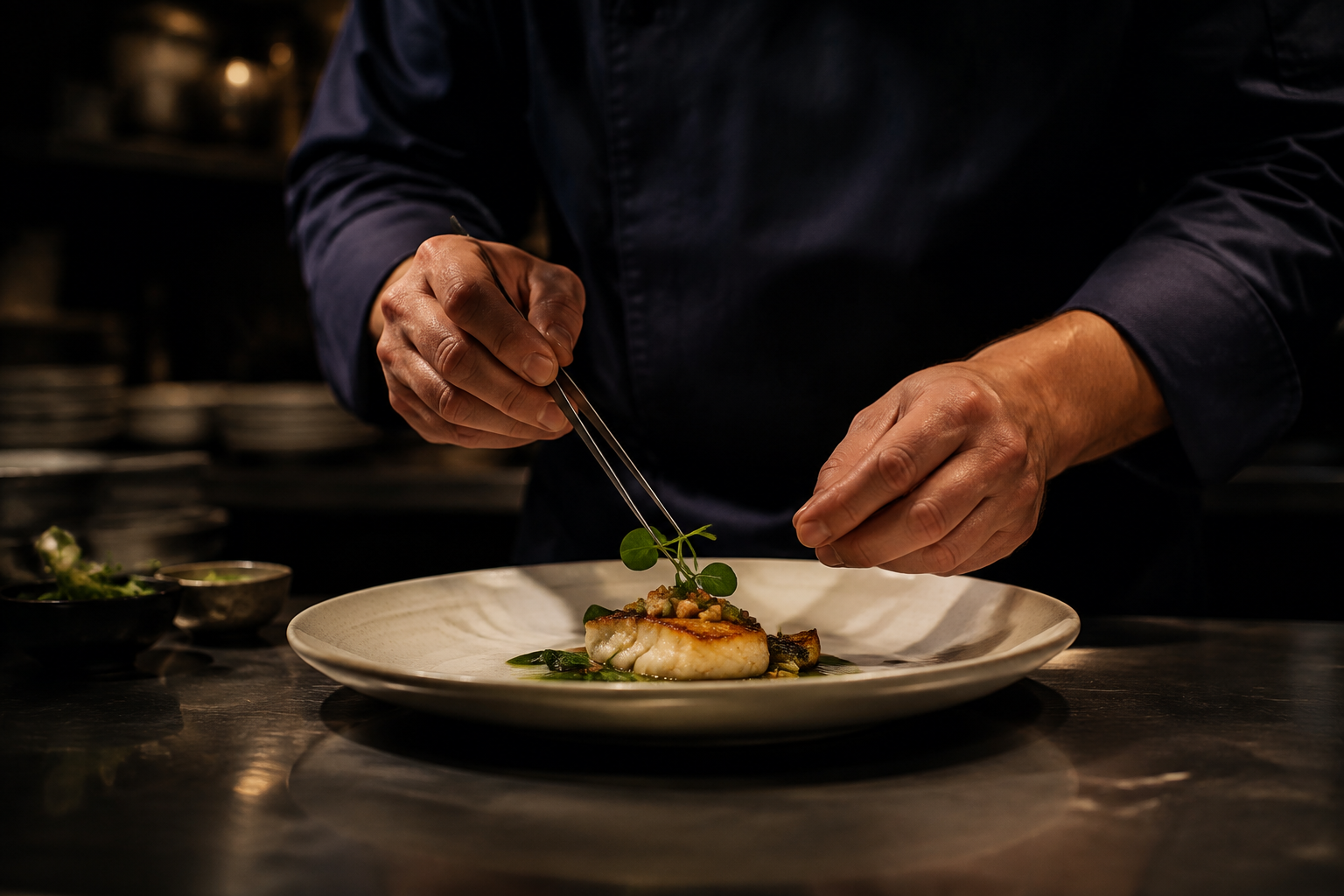 Chef using tweezers to add a green garnish to a dish on a white plate.