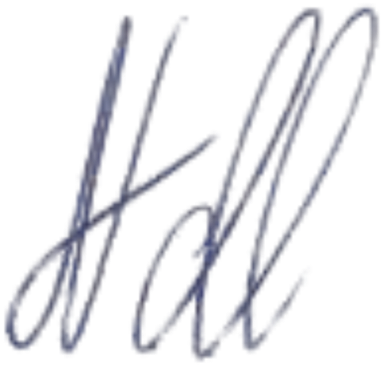 Un handschriftliches Unterschriftenbild in blauer Tinte auf schwarzem Hintergrund.