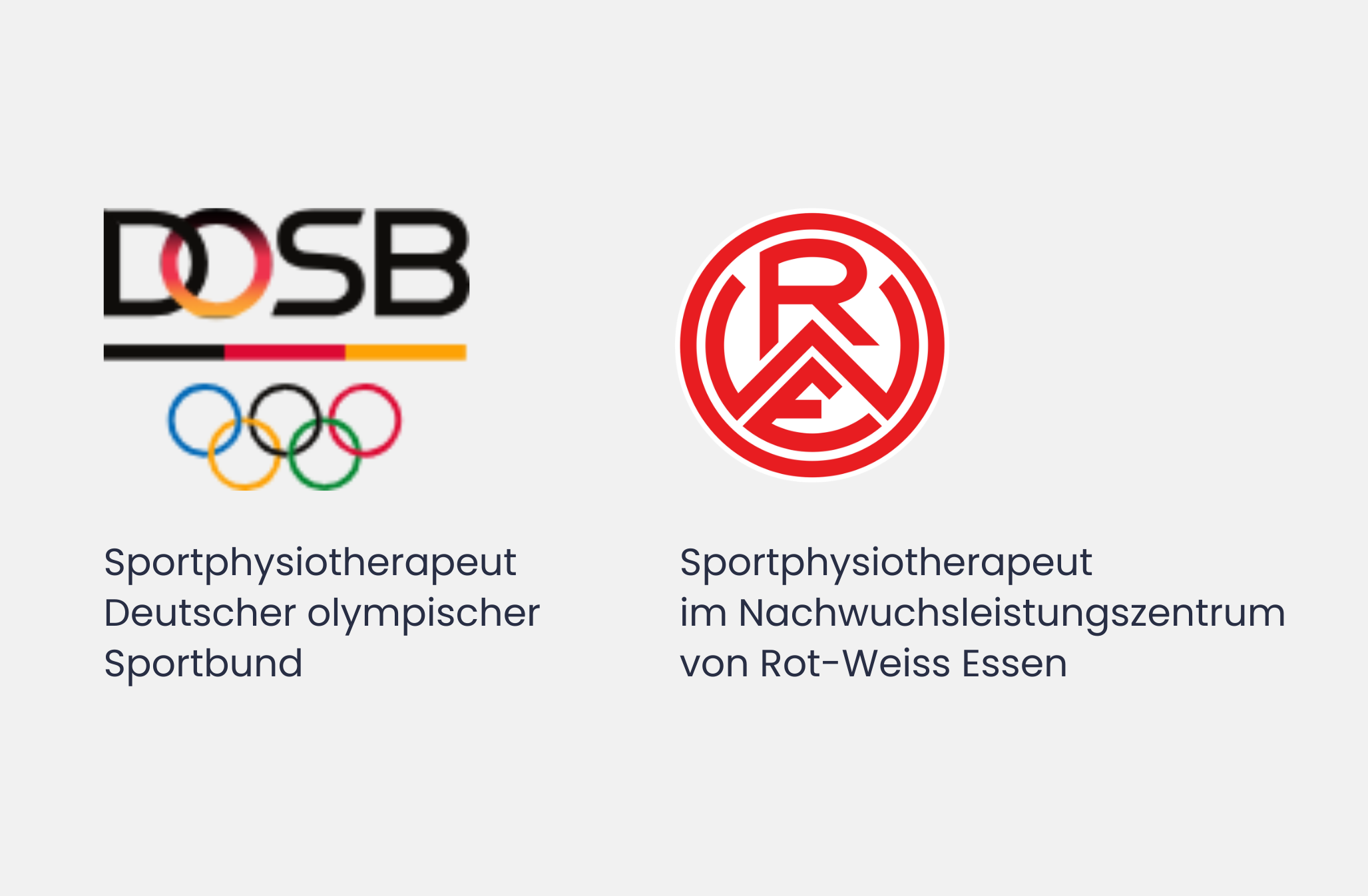 Vergleich zweier Logos: Links das Logo des Deutschen Olympischen Sportbundes (DOSB) mit Olympischen Ringen, rechts das Logo eines Sportphysiotherapeuten im Nachwuchsleistungszentrum von Rot-Weiss Essen, darunter Beschreibungen in Deutsch.