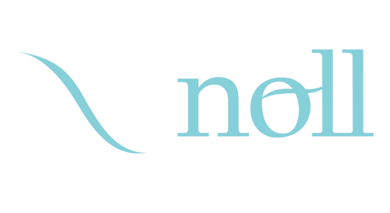 Logo der Physiotherapiepraxis 'noll' mit Buchstaben 'n' und 'o' in einem Kreis, blau und weiß gestaltet.