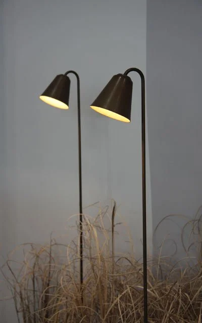 Two lampes de bureau noires avec abat-jour orientable, alimentées, près de plantes séchées en pot.