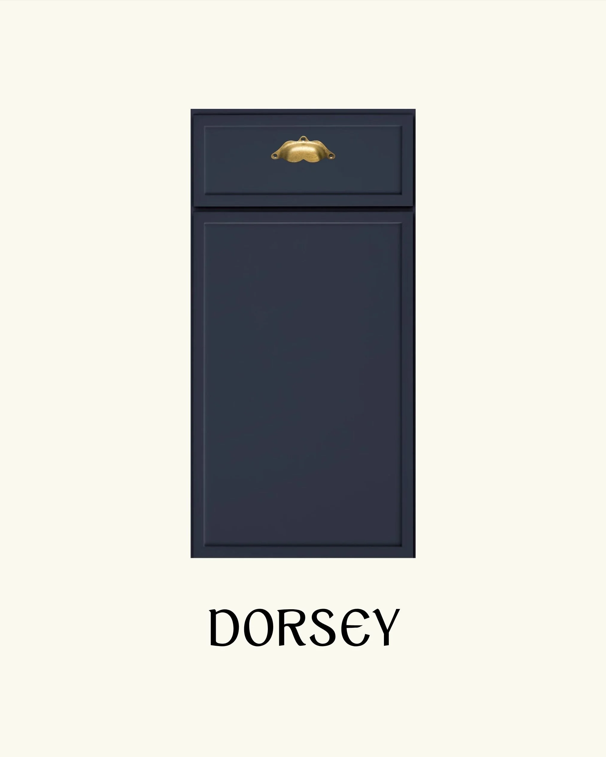 A navy blue cabinet door with a gold handle on a light beige background, labeled 'DORSEY' in black text.