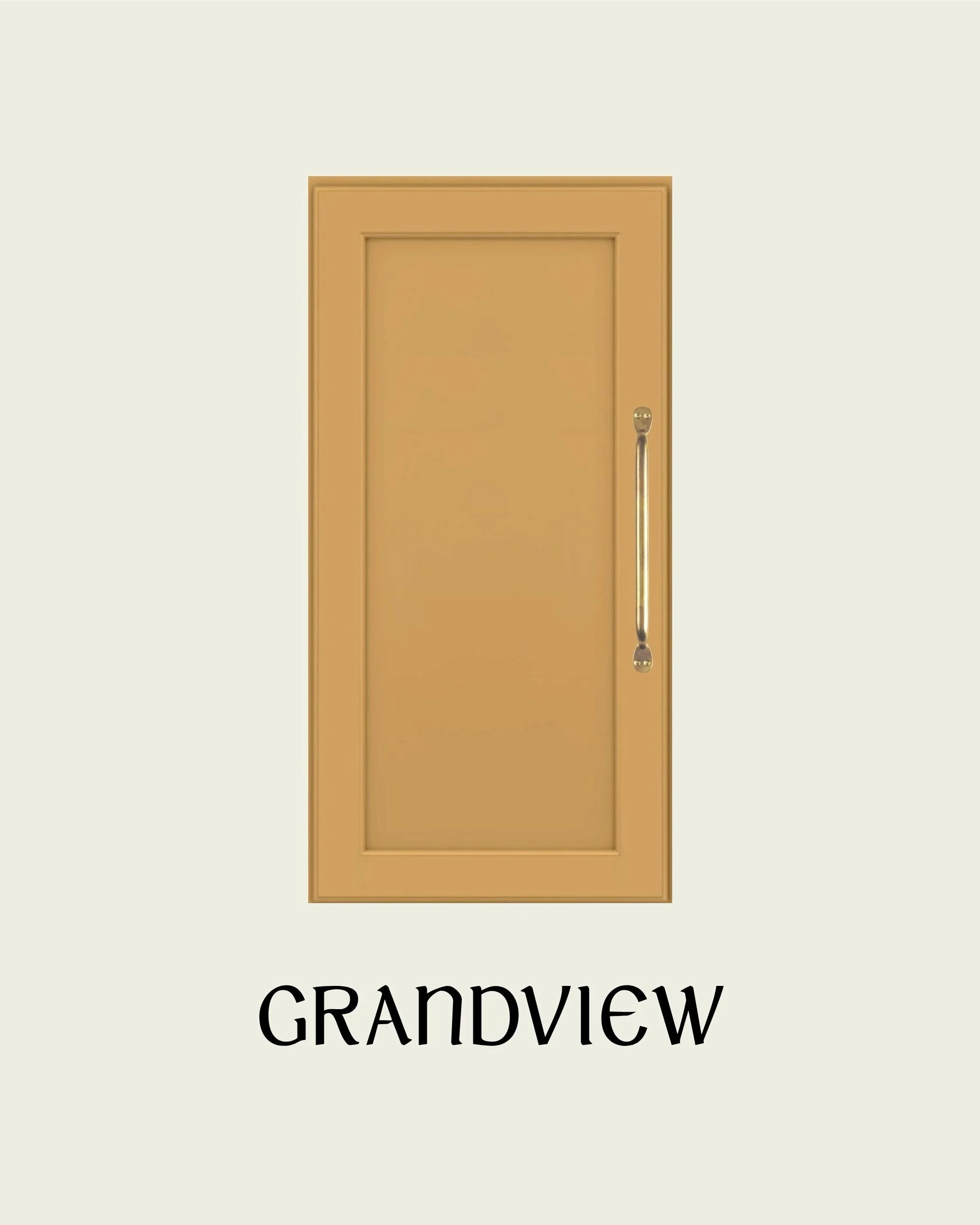 A beige cabinet door with a silver handle on a plain light background, with the word 'GRANDVIEW' written below.