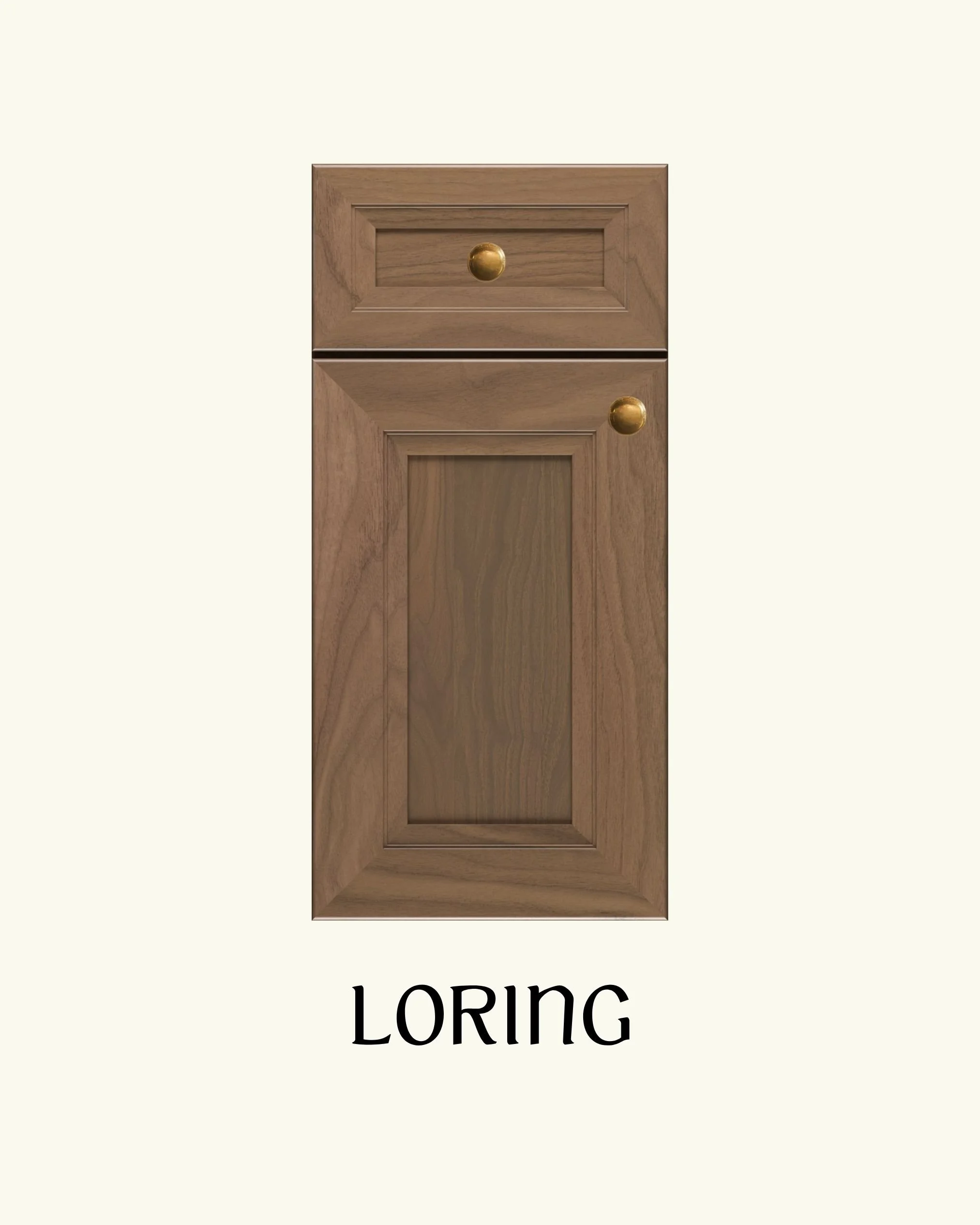 A wooden cabinet with a drawer and a door, each with round brass knobs, set against a light-colored background with the word 'LORING' written below.