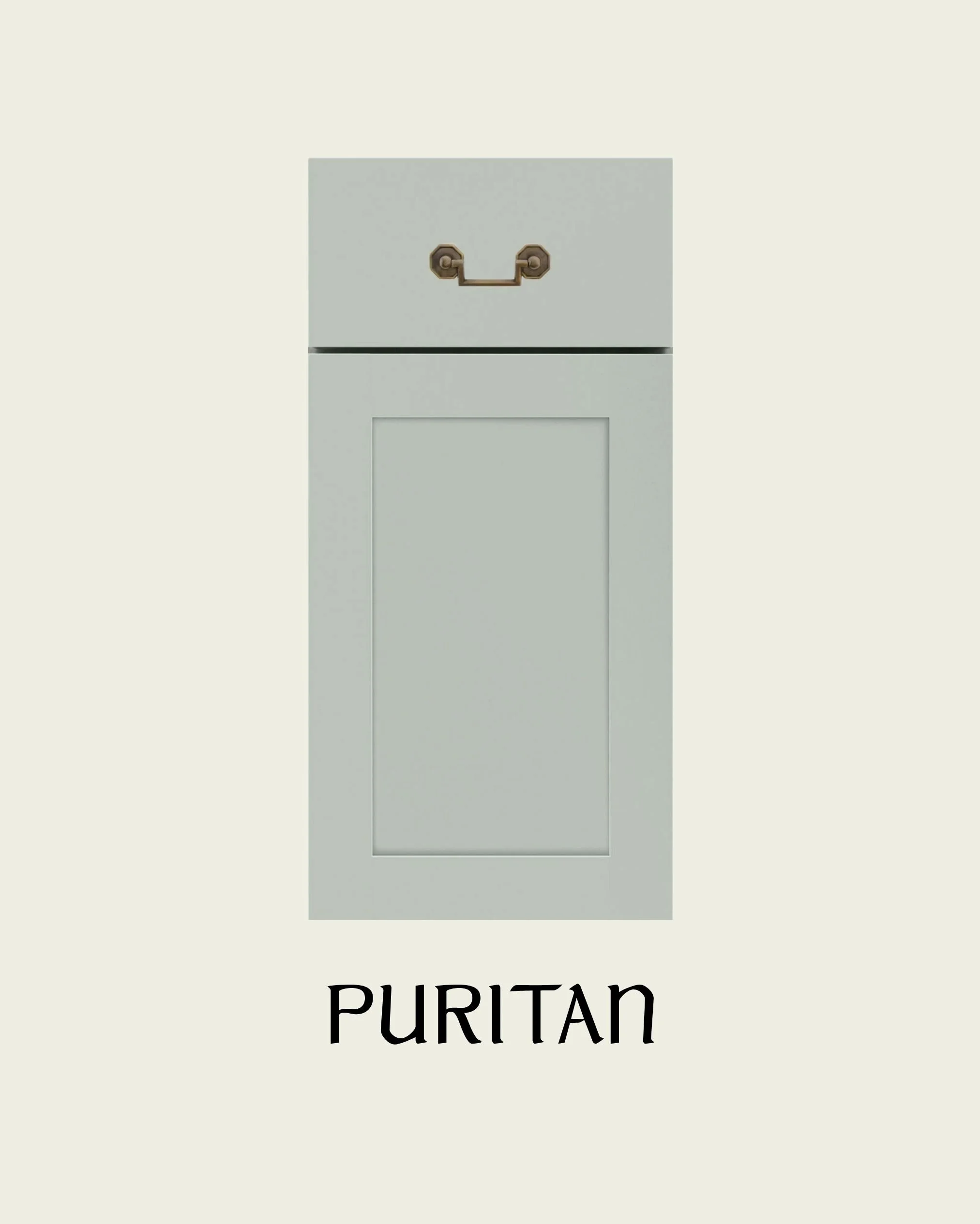 Graphic representation of a Puritan cabinet with a light gray color, a top drawer with a brass handle, and a closed door below.