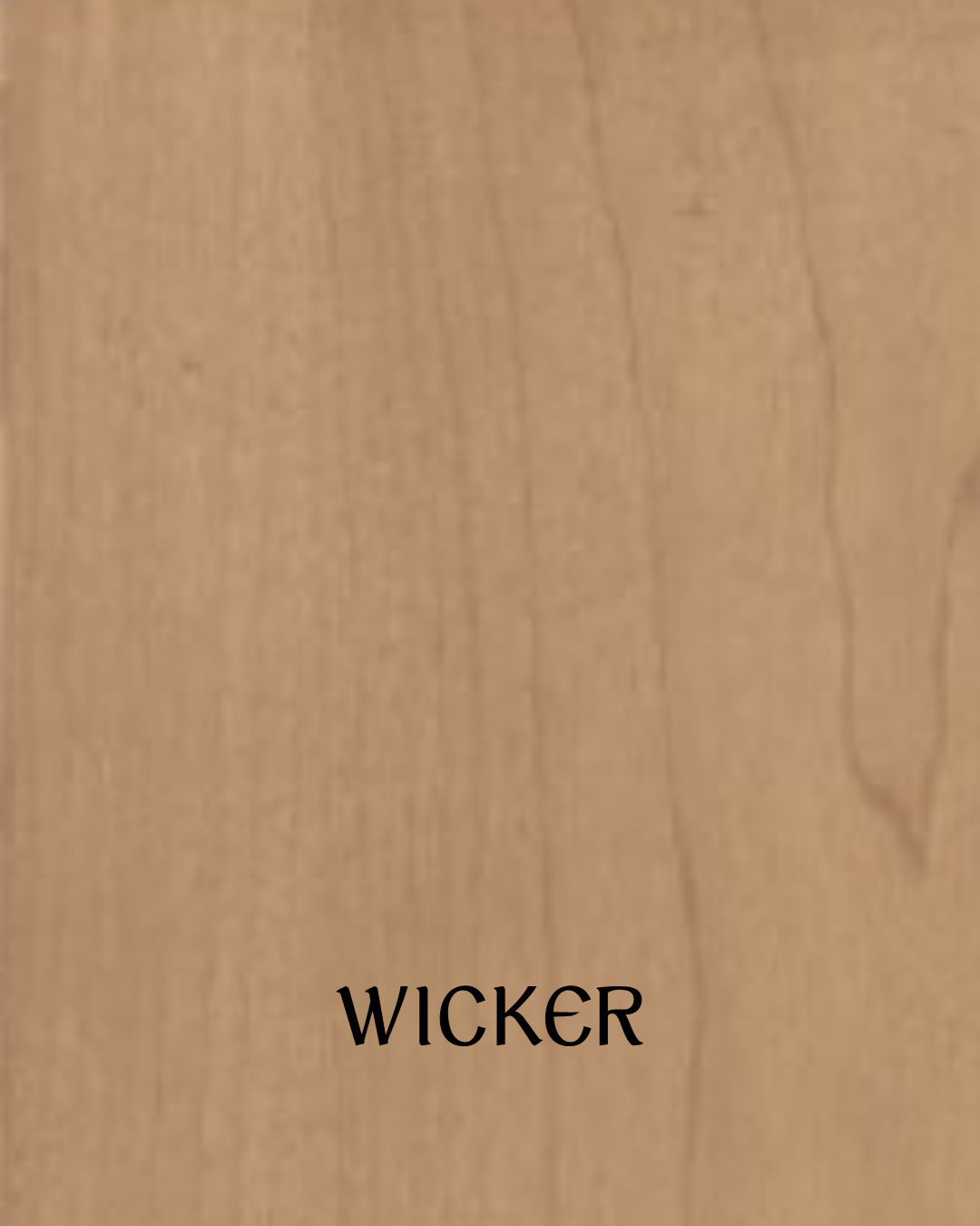 Close-up of a light wood surface with the word 'WICKER' printed in black at the bottom.