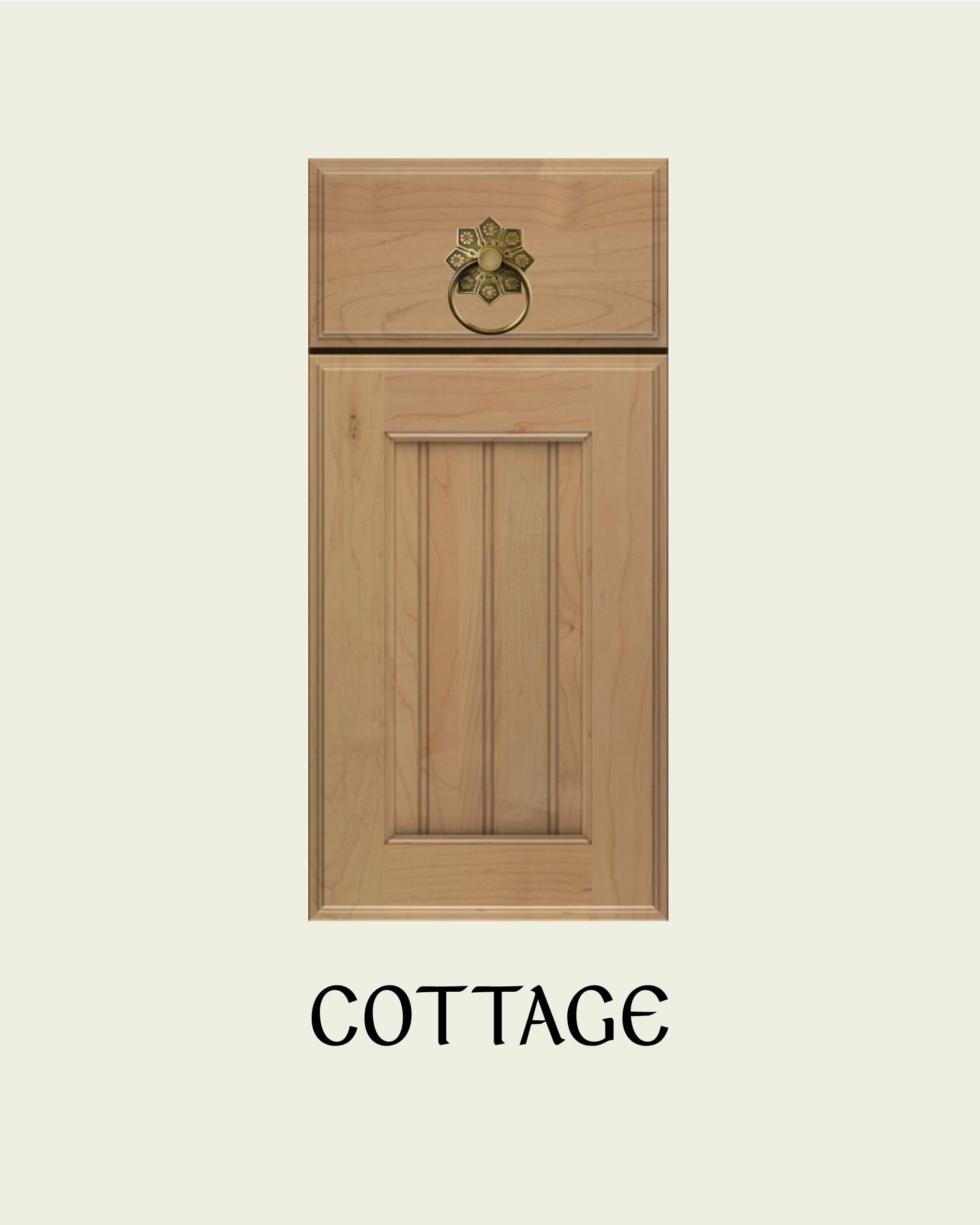 Wooden cottage door with brass ring handle and decorative hardware, labeled 'COTTAGE'.
