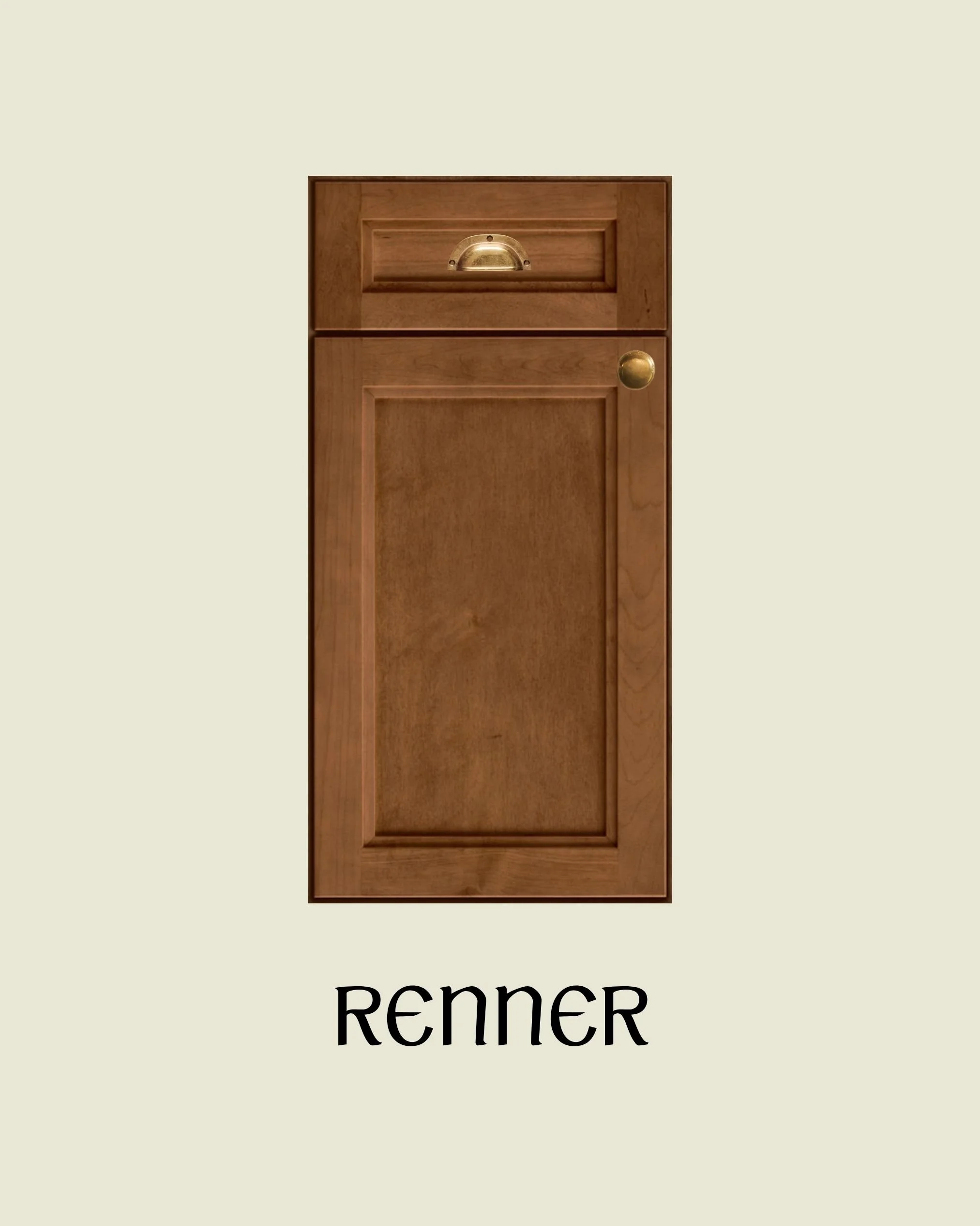 A wooden cabinet with a small drawer on top and a larger door below, with a brass handle on the door and a brass label holder on the drawer, against a light background.