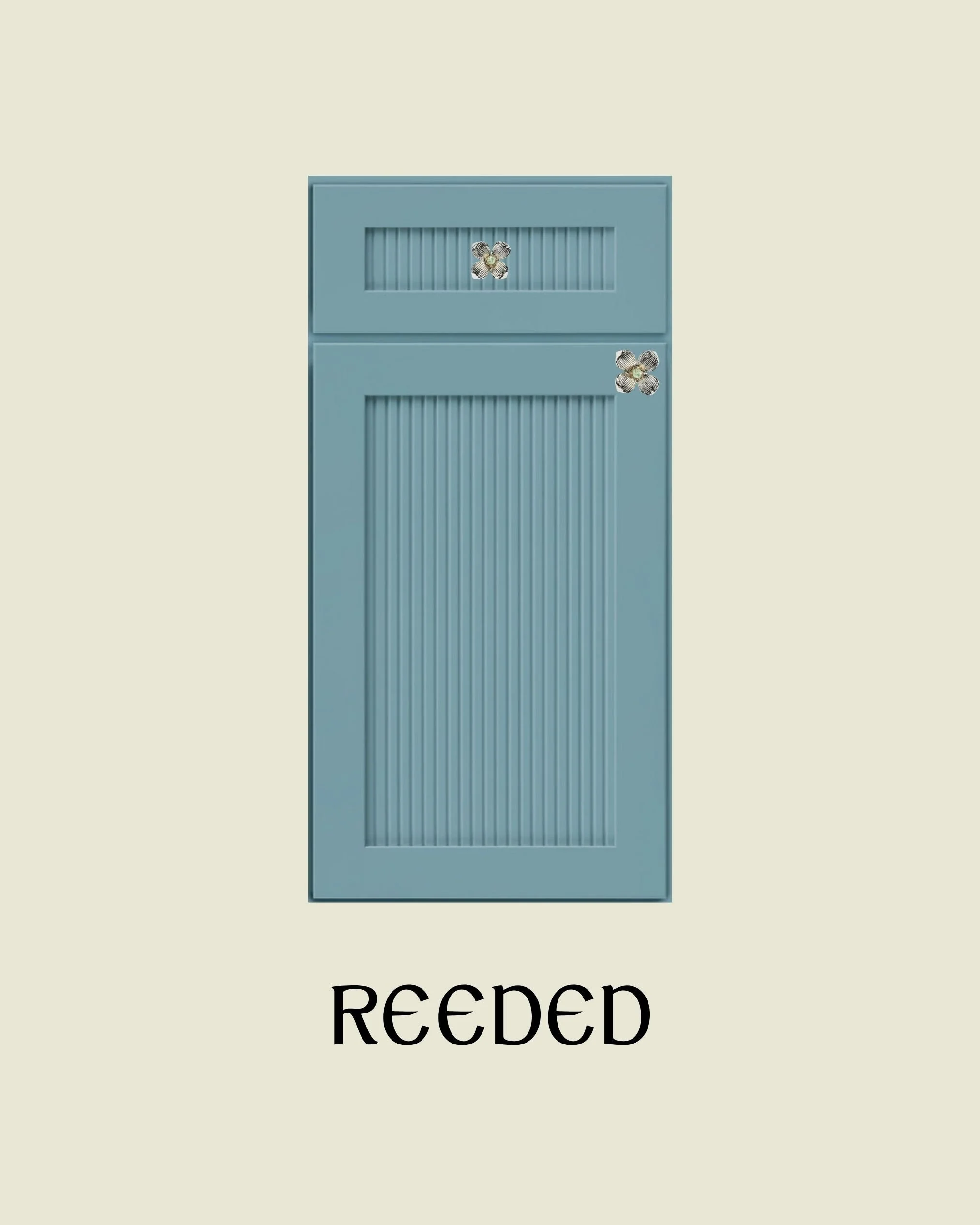 A blue cabinet with vertical ridges and metal flower-shaped handles, set against a light beige background, with the word 'REDEED' written below.