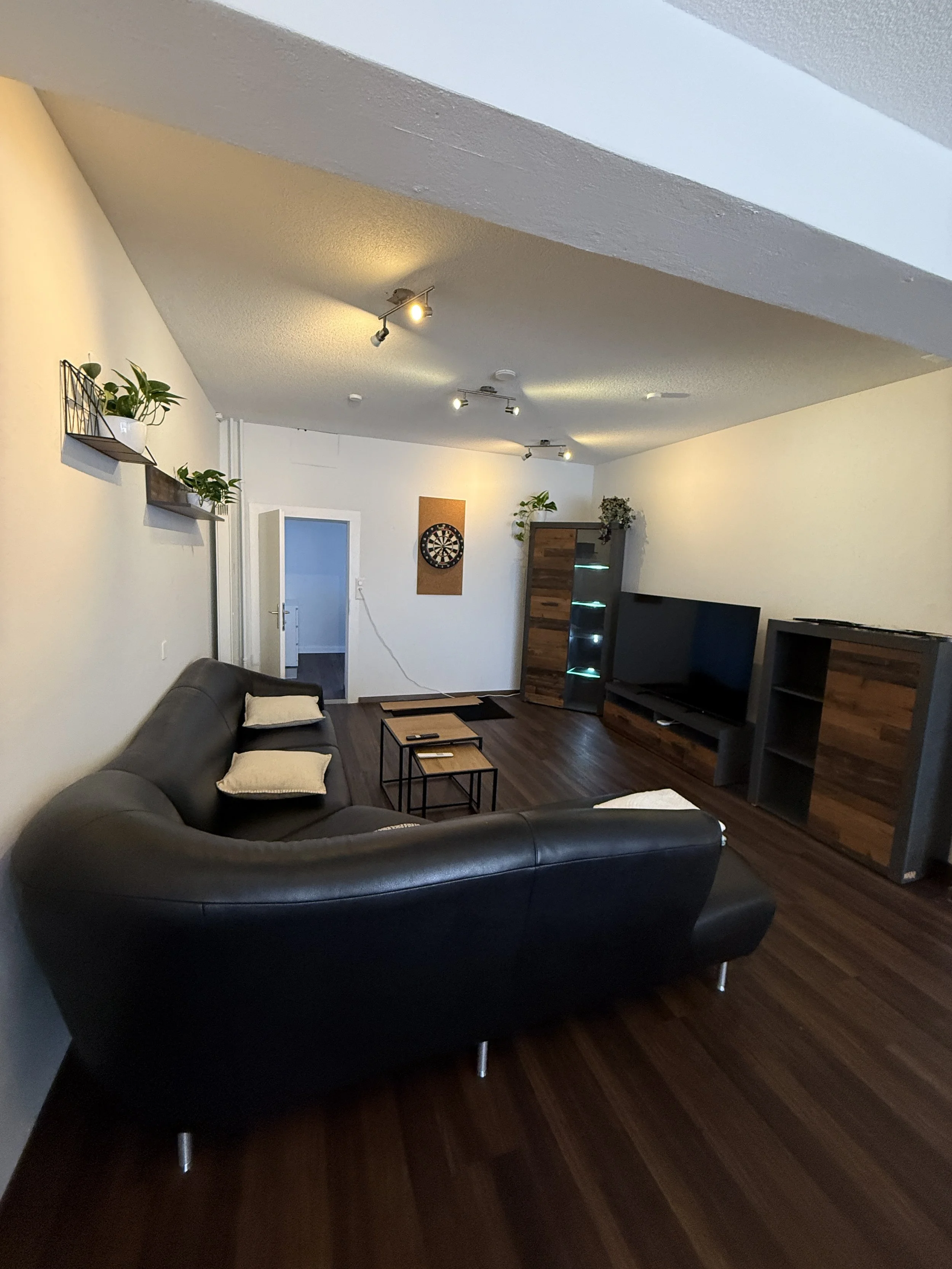 Gemütliches Wohnzimmer mit grauer Couch, dunklem Holzboden, TV auf Holzregal, Wanddekoration, Pflanzen und Deckenleuchten.