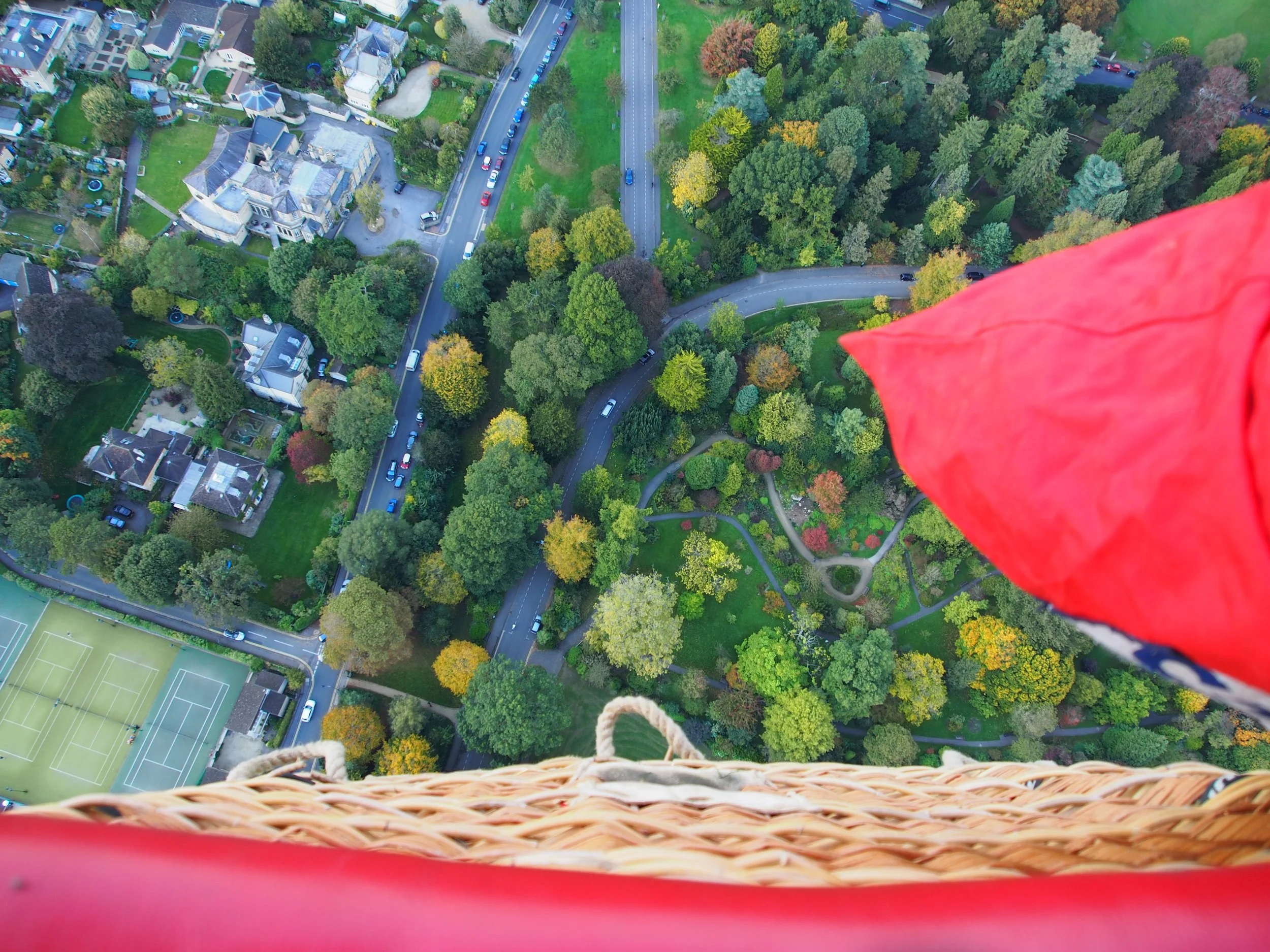 A view looking down at the earth from a hot air balloon