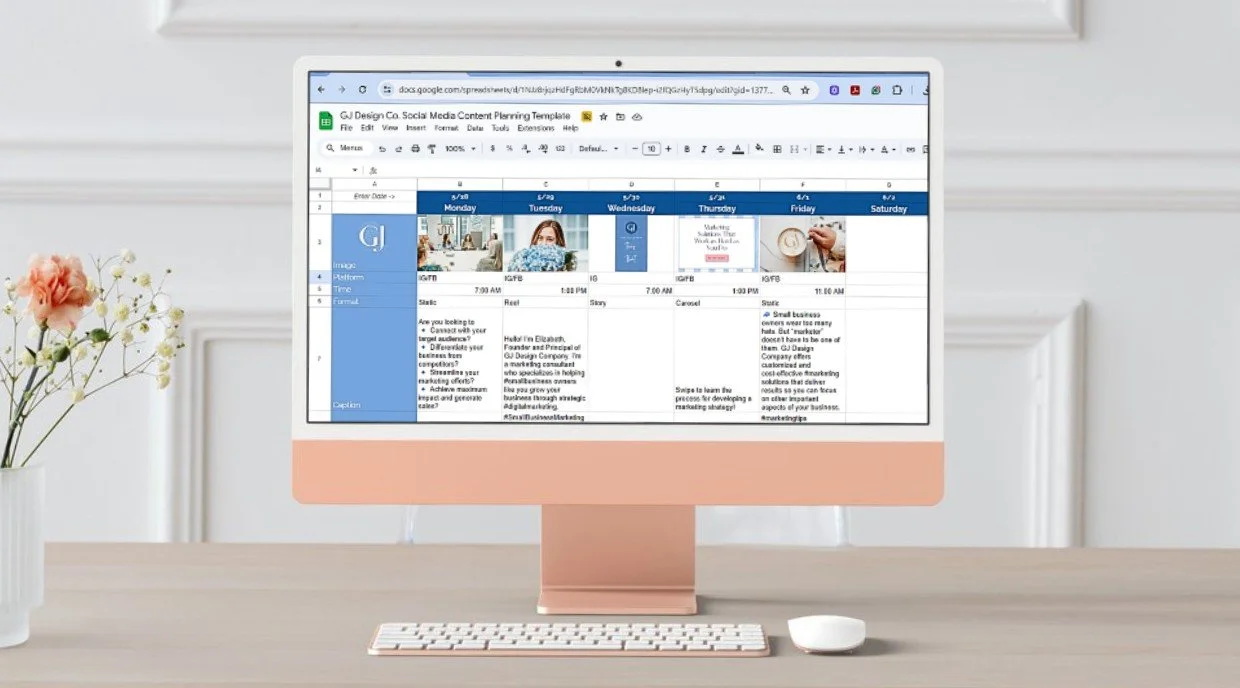 A computer screen with a free social media planner for small business owners and content creators on the screen.