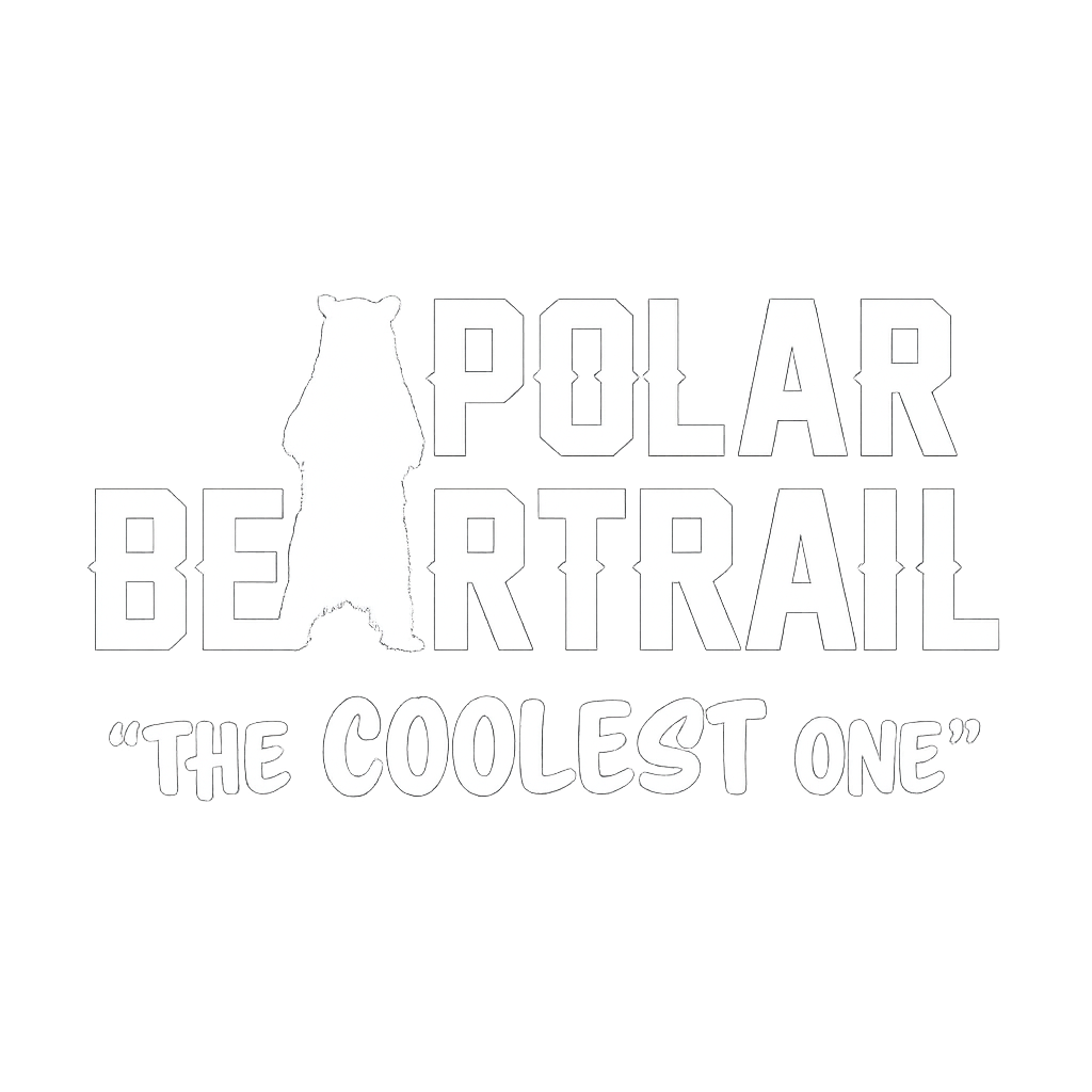 Text saying 'Polar Bear Trail' with a polar bear silhouette, and a quote 'The Coolest One'.
