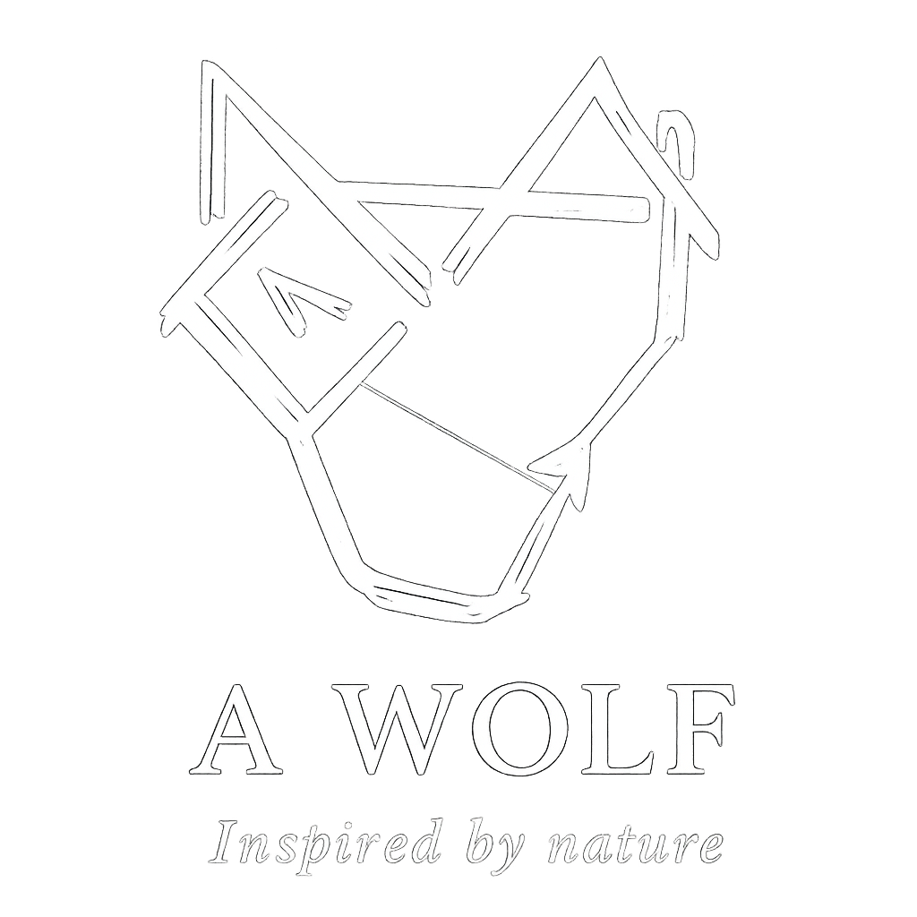 Logo of a stylized wolf head made with white lines on a black background, with the text "A WOLF" and "Inspired by nature" beneath it.
