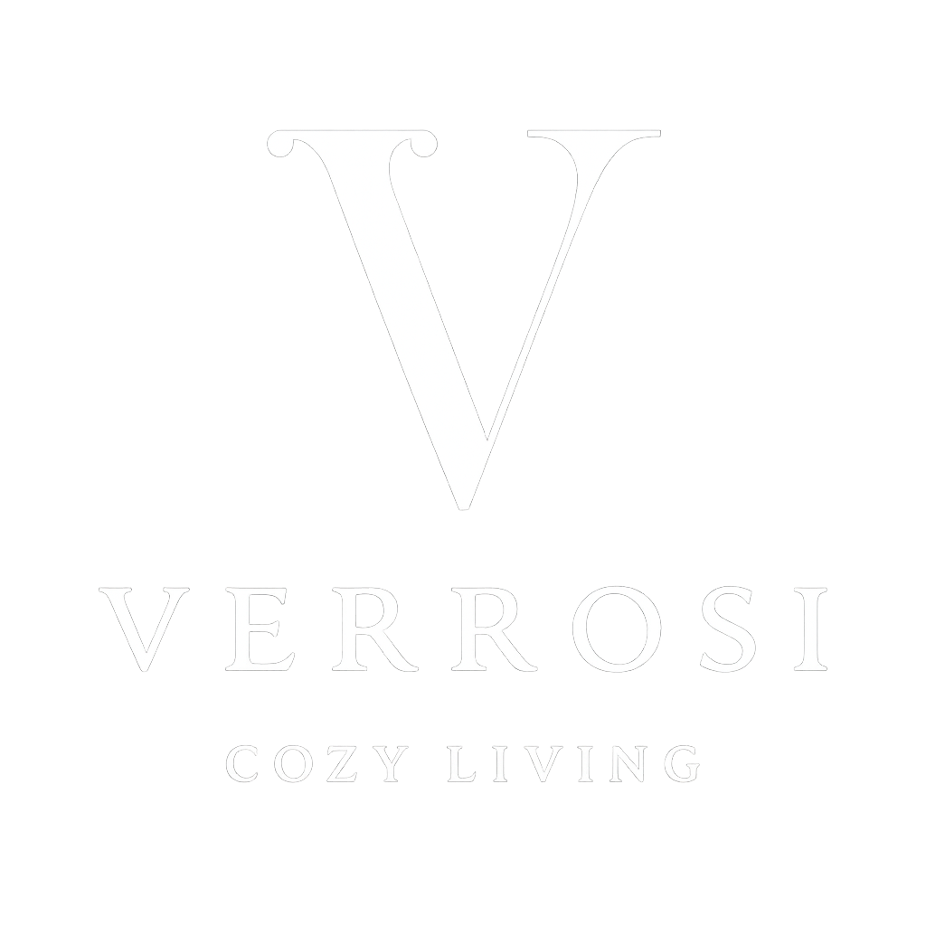 A black background with a white large letter V, the word "Verrosi" below it, and the phrase "Cozy Living" underneath in smaller font.