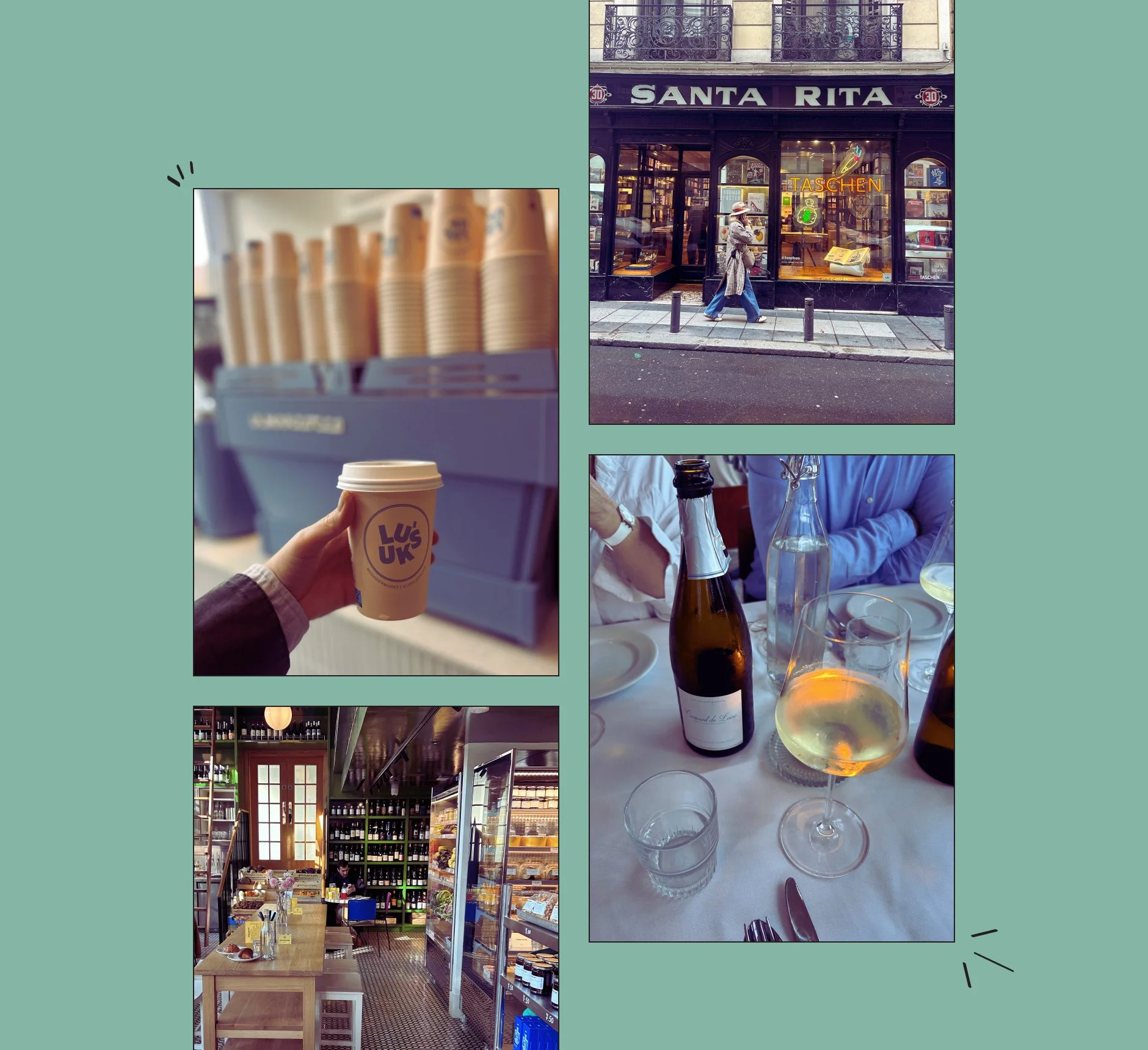 Collage van cafés, winkels en wijnbars in Europese steden.