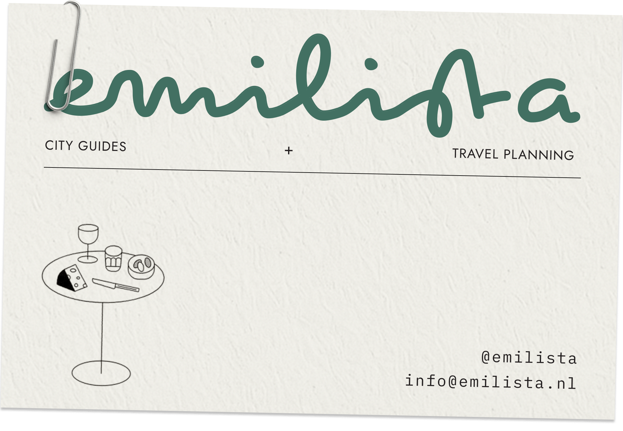 Visitekaartje van Emilista met services: City Guides en Travel Planning. Daaron Instagram handle en emailadres: info@emilista.nl