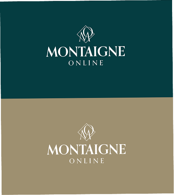 anne bassam - Logo avec le texte "Montaigne Online", moitié en fond vert foncé, moitié en fond beige, avec un symbole abstrait au-dessus du texte.