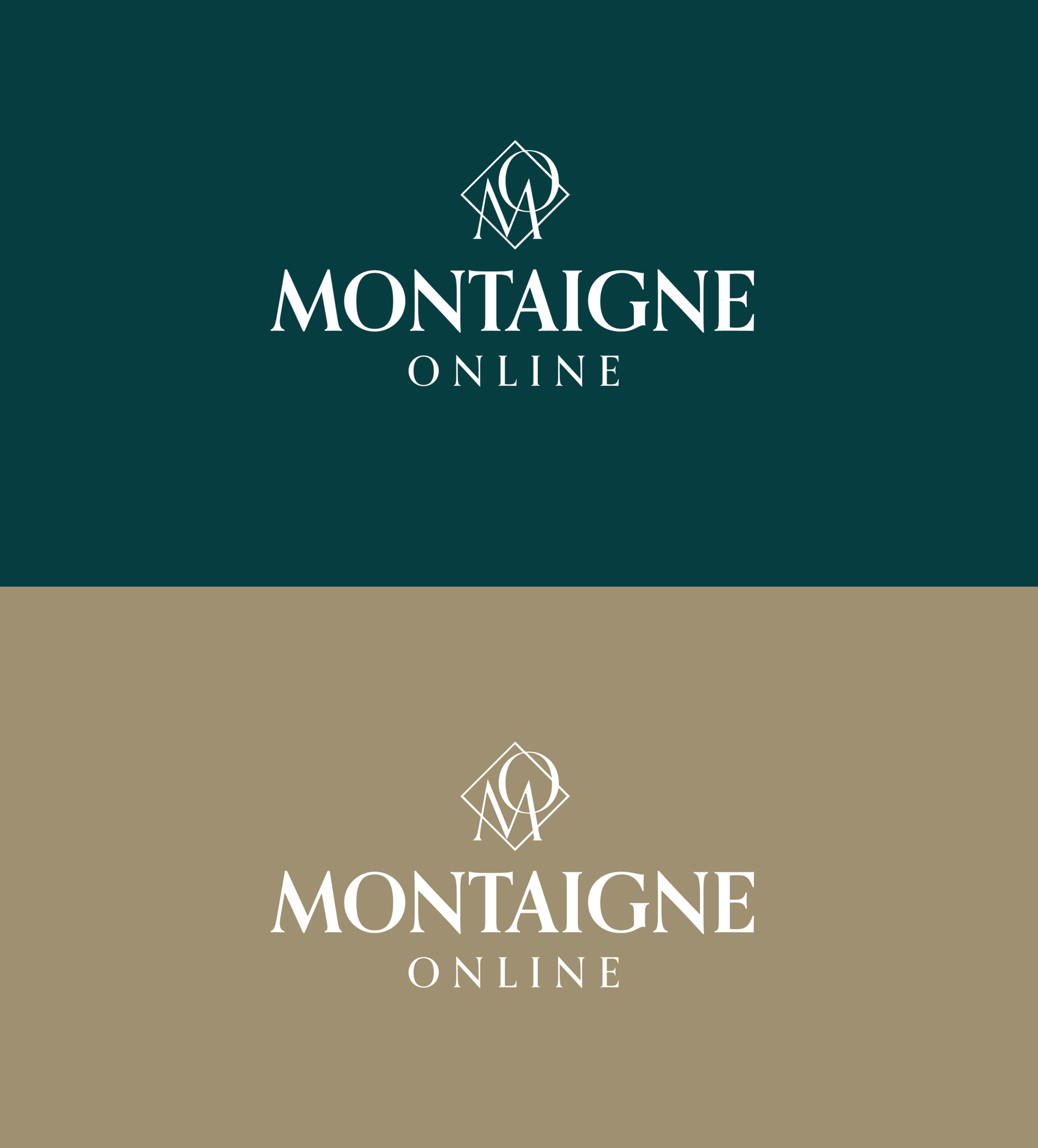 Logo de Montaigne Online, présenté en deux versions avec un fond vert foncé et un fond beige