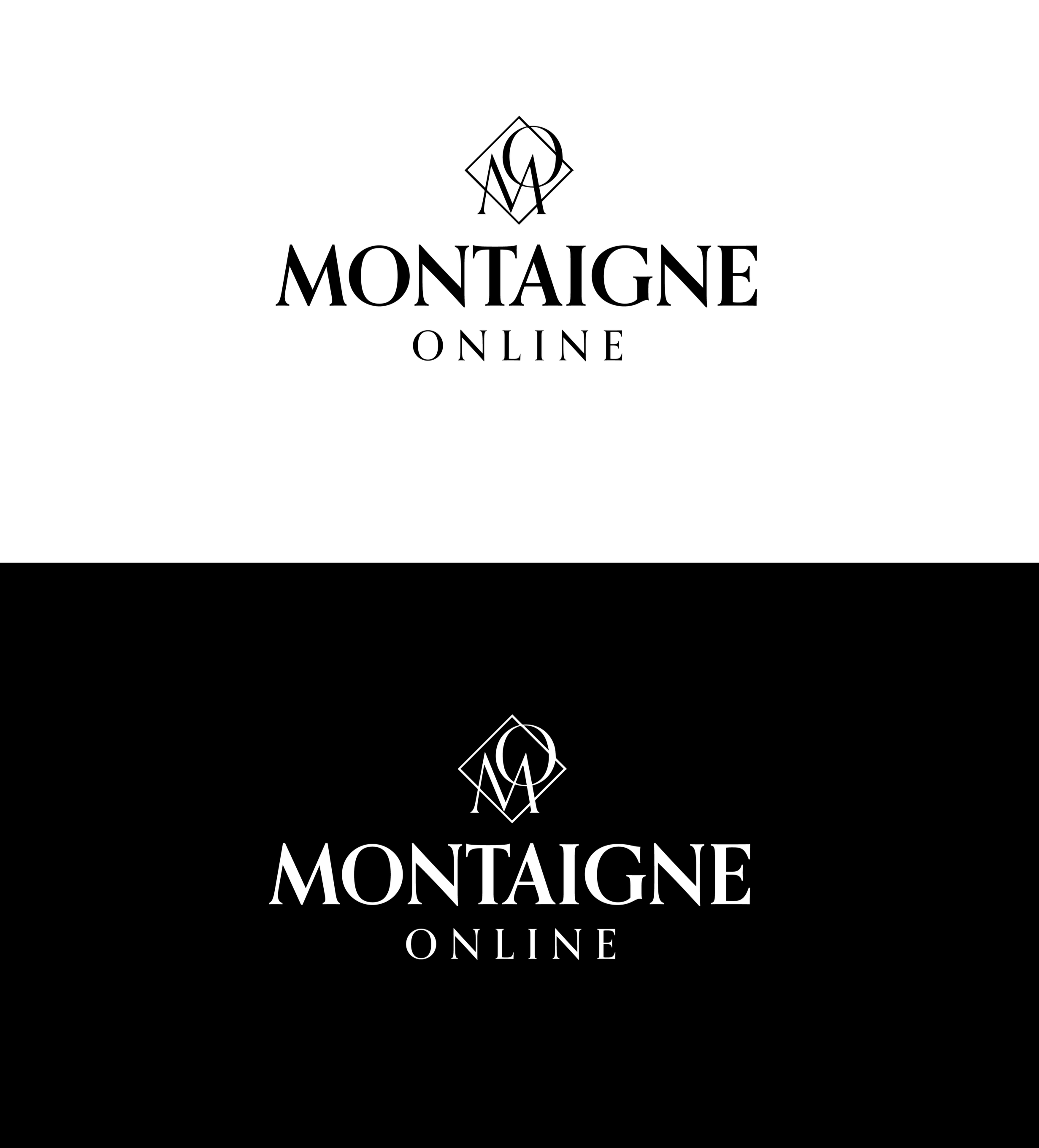 Deux versions du logo de Montagne Online, une en fond blanc avec du texte noir et une autre en fond noir avec du texte blanc, avec un symbole graphique en haut.