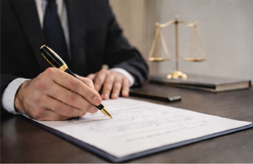 Close-up of a person in a suit signing a legal document with a pen, with scales of justice in the background.
