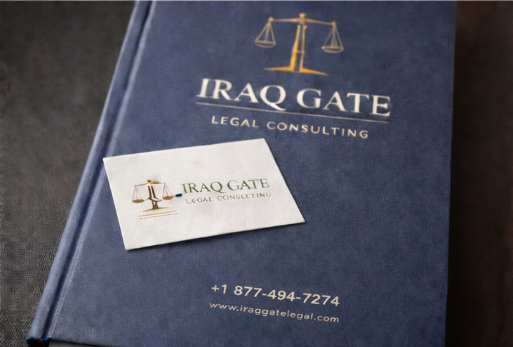 A blue folder with 'IRAQ GATE LEGAL CONSULTING' and a scale of justice logo, along with a business card with the same logo, contact number, and website.