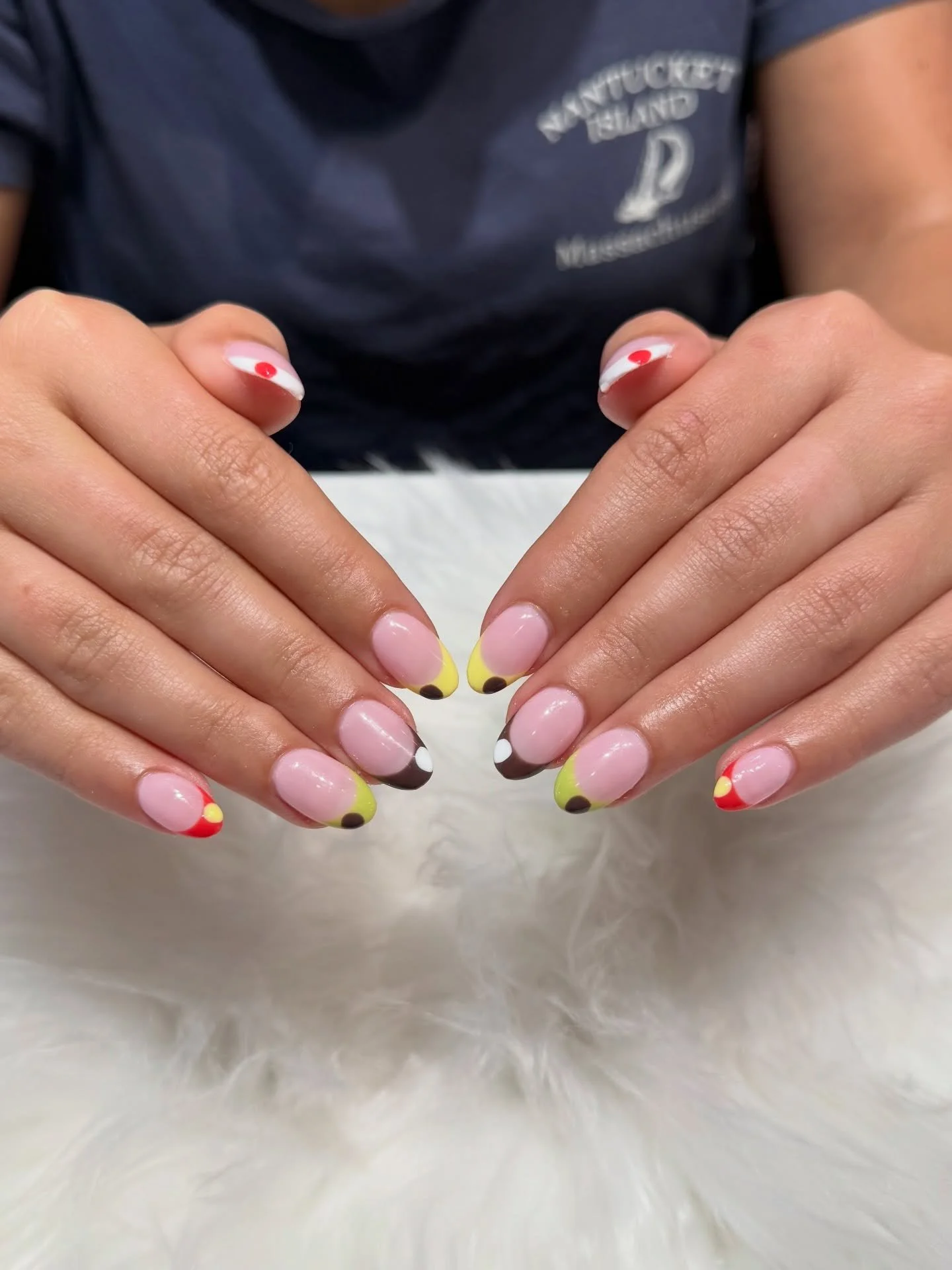 Retro French twist! Pink base + mix-match tips in red, yellow, lime &amp; chocolate brown with cute polka dots. Can&rsquo;t pick just one vibe! 

#nailsalon #Bellagionailsparaleigh #nails #frenchnails #funnails 

 
BELLAGIO NAIL SPA
📍8845 Six Forks 