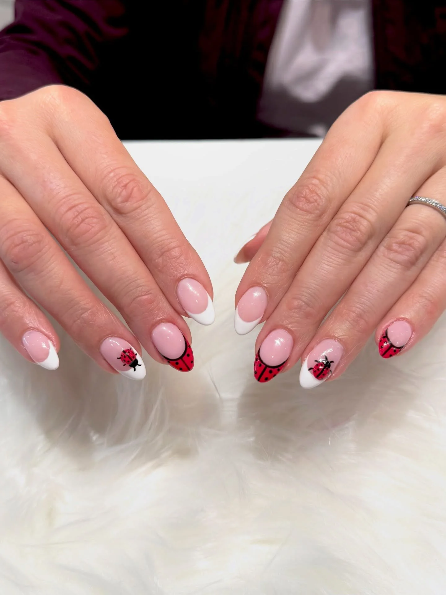 Lucky girl vibes! Classic pink French mani with the cutest little ladybugs crawling in. 

#nailsalon #Bellagionailsparaleigh #nails #ladybugnails #spring 

 
BELLAGIO NAIL SPA
📍8845 Six Forks Rd
  Raleigh, NC 27615 
☎️ (984) 232-8718