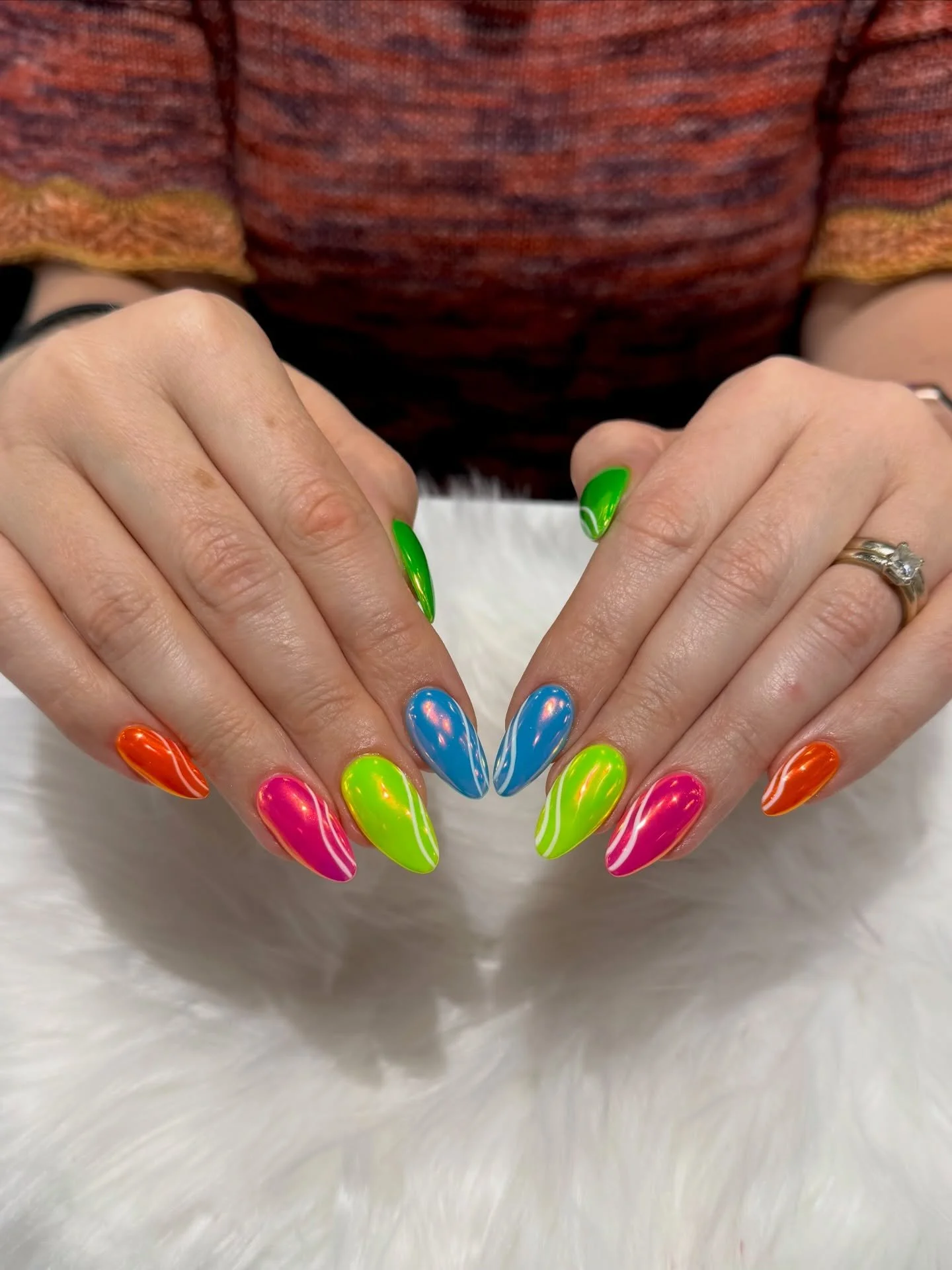 Taste the rainbow! Electric neon skittles with chrome shine + sleek white swirls. This set is pure summer energy 🔥⚡ 



  #Bellagionailsparaleigh #fyp #summer #brightnails 
 
BELLAGIO NAIL SPA
📍8845 Six Forks Rd
  Raleigh, NC 27615 
☎️ (984) 23