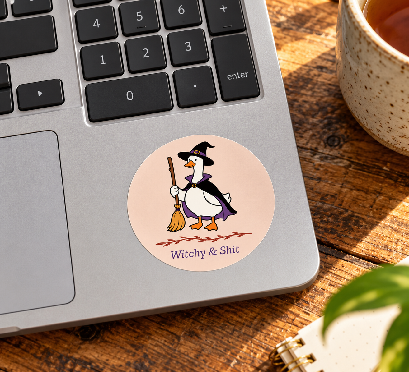 Witchy Duck Sticker on Silver Laptop-1.png