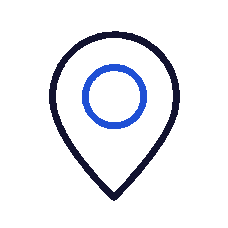 A simple map location pin icon with a blue outline and black outer border.
