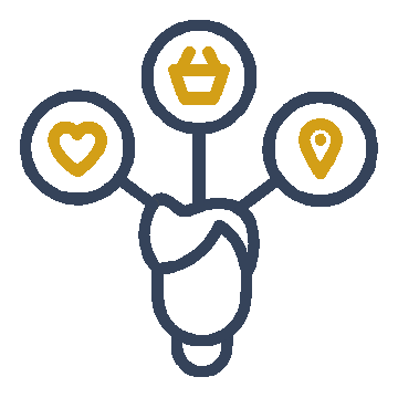 Lightbulb with three icons: heart, shopping basket, and location pin.