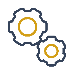 Two interlocking gears, one larger and one smaller, both with a gold center and a blue outer edge.