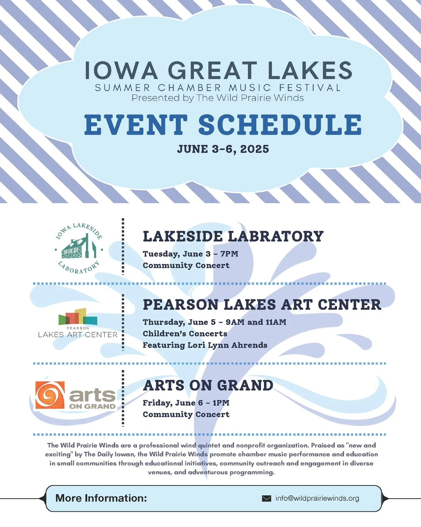 We're traveling to the Lake Okoboji, Iowa region NEXT WEEK for this year's Iowa Great Lakes Summer Chamber Music Festival! Catch us at three different performances:

🌟Tuesday, June 3 at 7PM: Community concert at @iowalakesidelab 

🌟Thursday, June 5