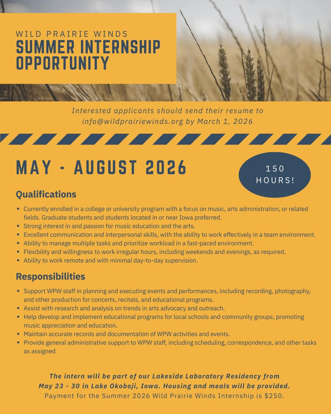 🌾 We&rsquo;re hiring a Summer Intern! 🎶

This opportunity is perfect for a current student interested in music, arts administration, and community engagement. You'll work closely with our team to support concert logistics, program development, and 